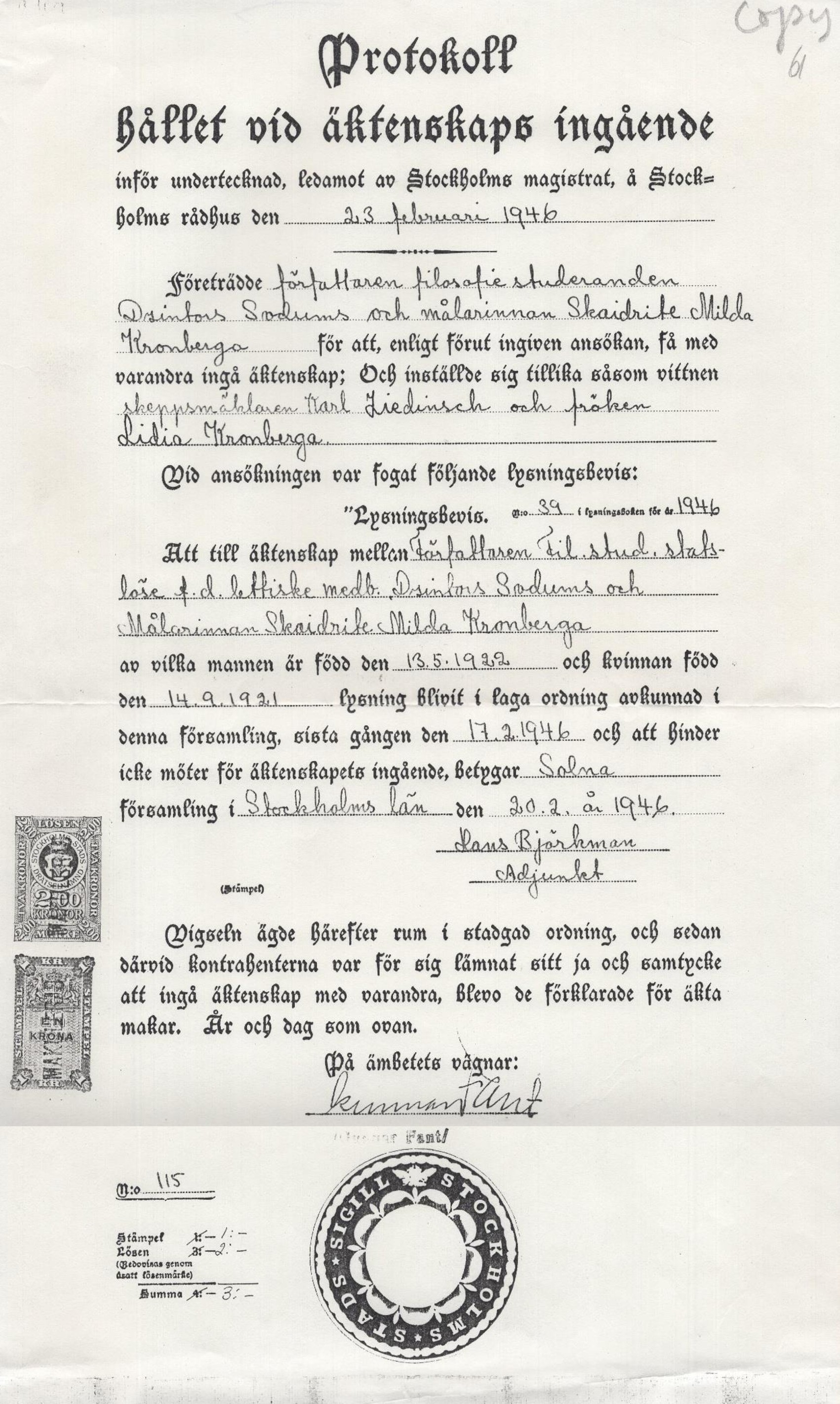 Protokols, noslēdzot laulību 1946. gada 23. februārī, zviedru valodā (kopija). LNA_LVA, F2273_1v_37, 61. lp.