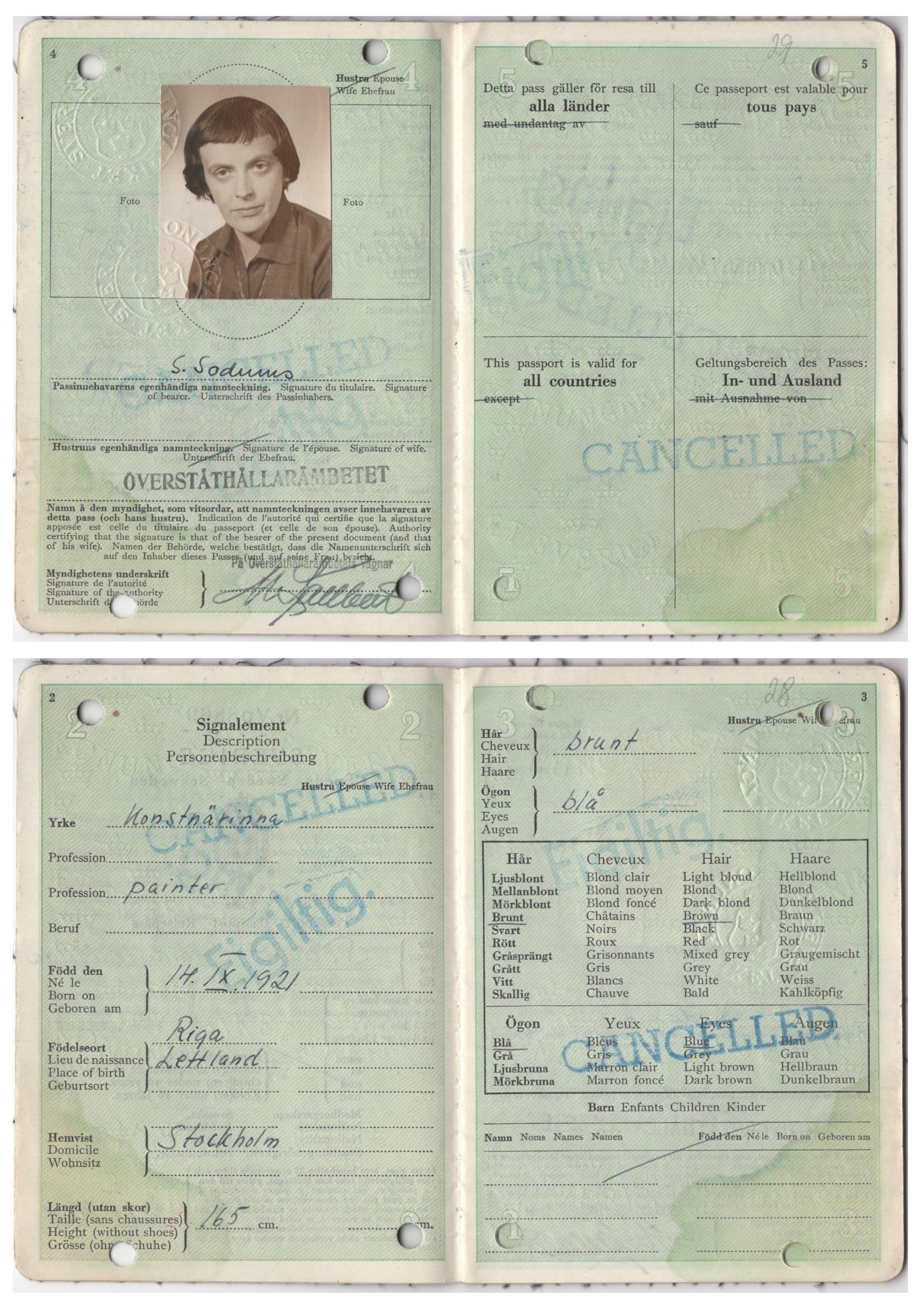 Skaidrītes Sodums pase, izdota Stokholmā 1959. gada 29. septembrī. LNA_LVA, F2273_1v_36, 28-29. lp.