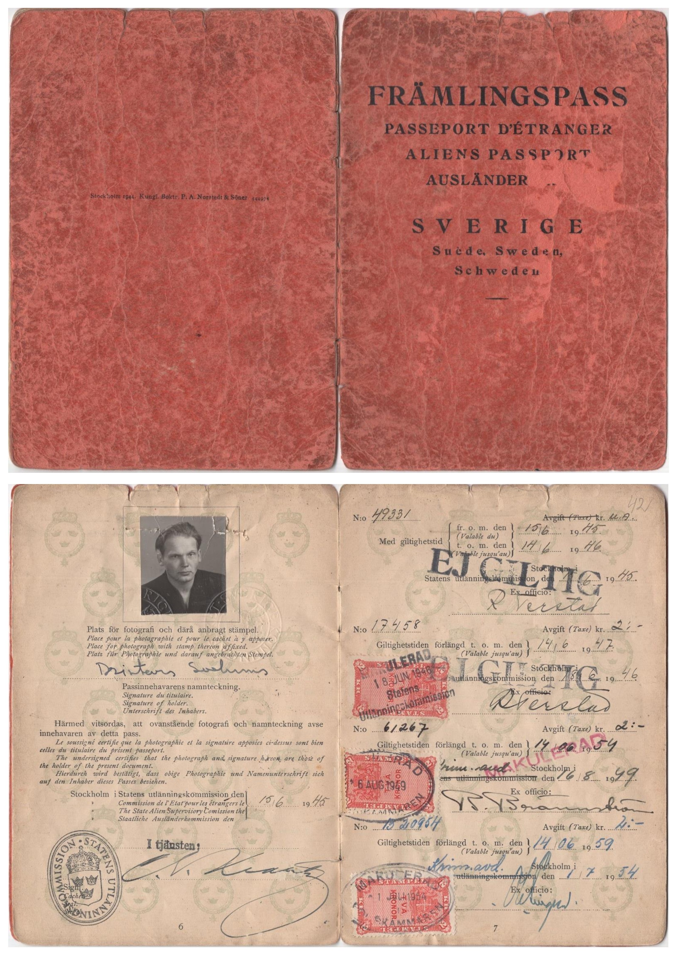 Dzintara Soduma ārzemnieka pase, izdota Stokholmā 1945. gada 15. jūnijā. LNA_LVA, F2273_1v_37, 39;42. lp.