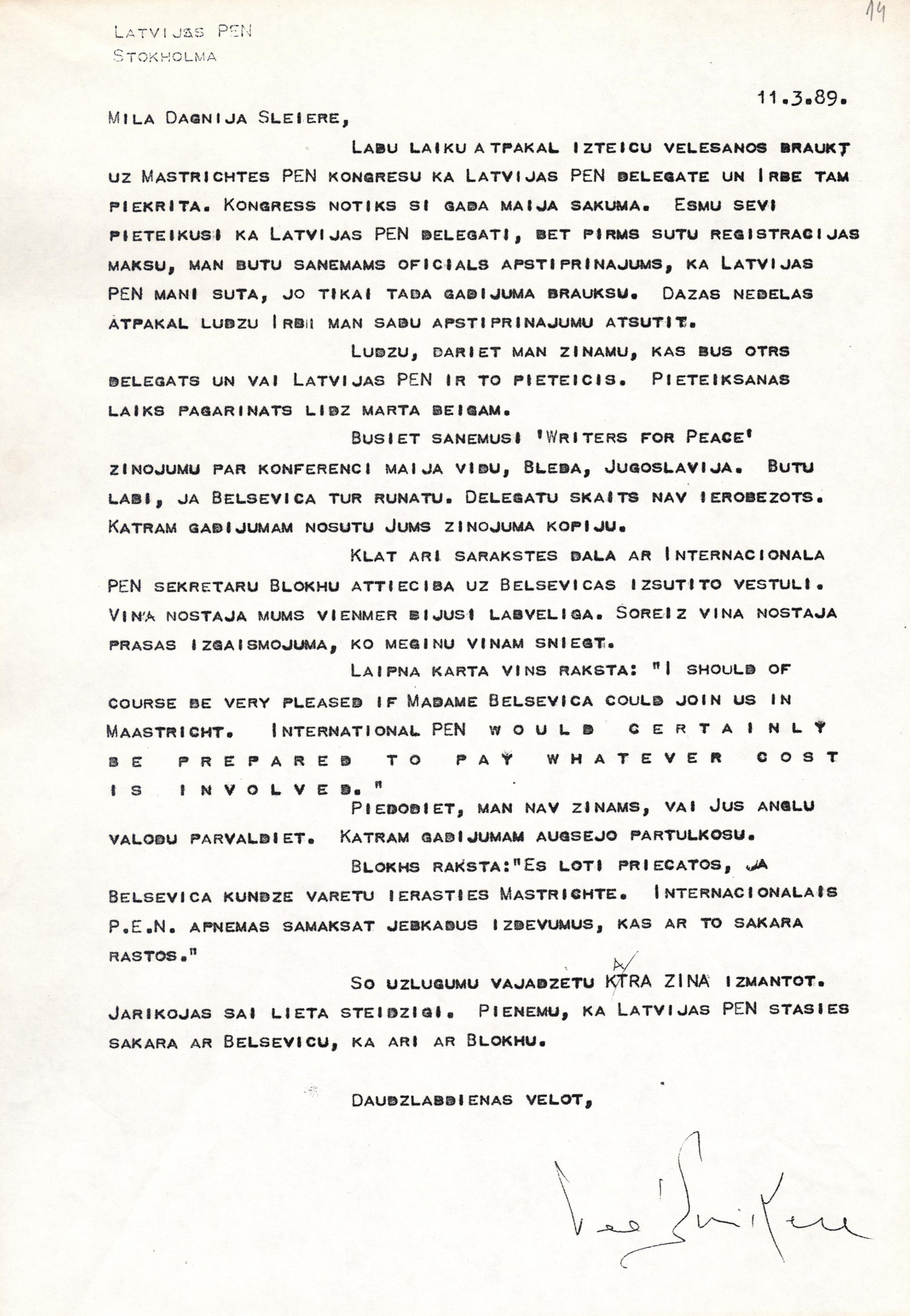 Veltas Sniķeres vēstule Dagnijai Šleierei par uzaicinājumu uz starptautisku rakstnieku konferenci doties Vizmai Belševicai. 1989. gada 11. marts. LNA_LVA, F2709_1v_2, 14. lp.