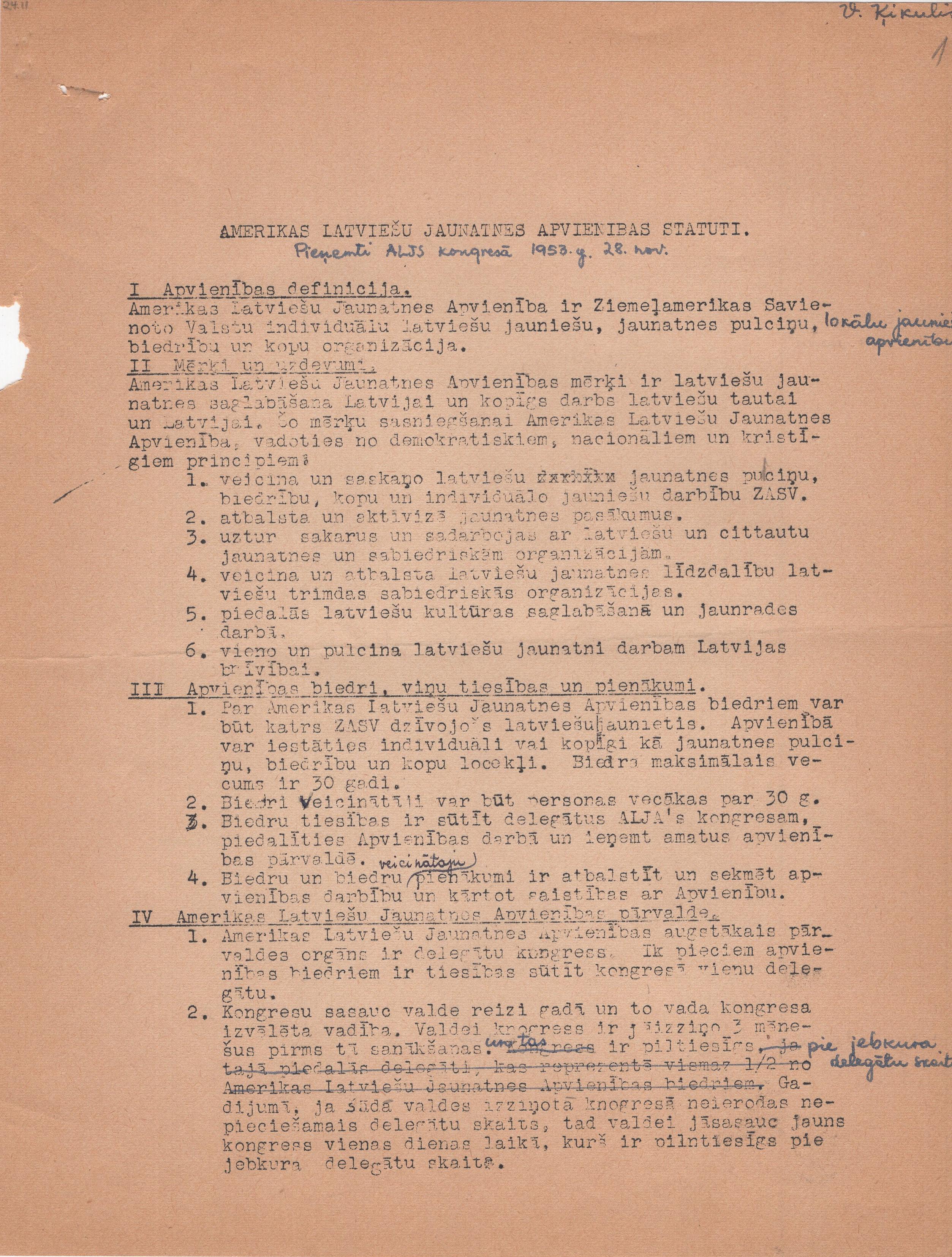 Amerikas Latviešu jaunatnes apvienības statūti, fragments ar labojumiem, 1953. gads.