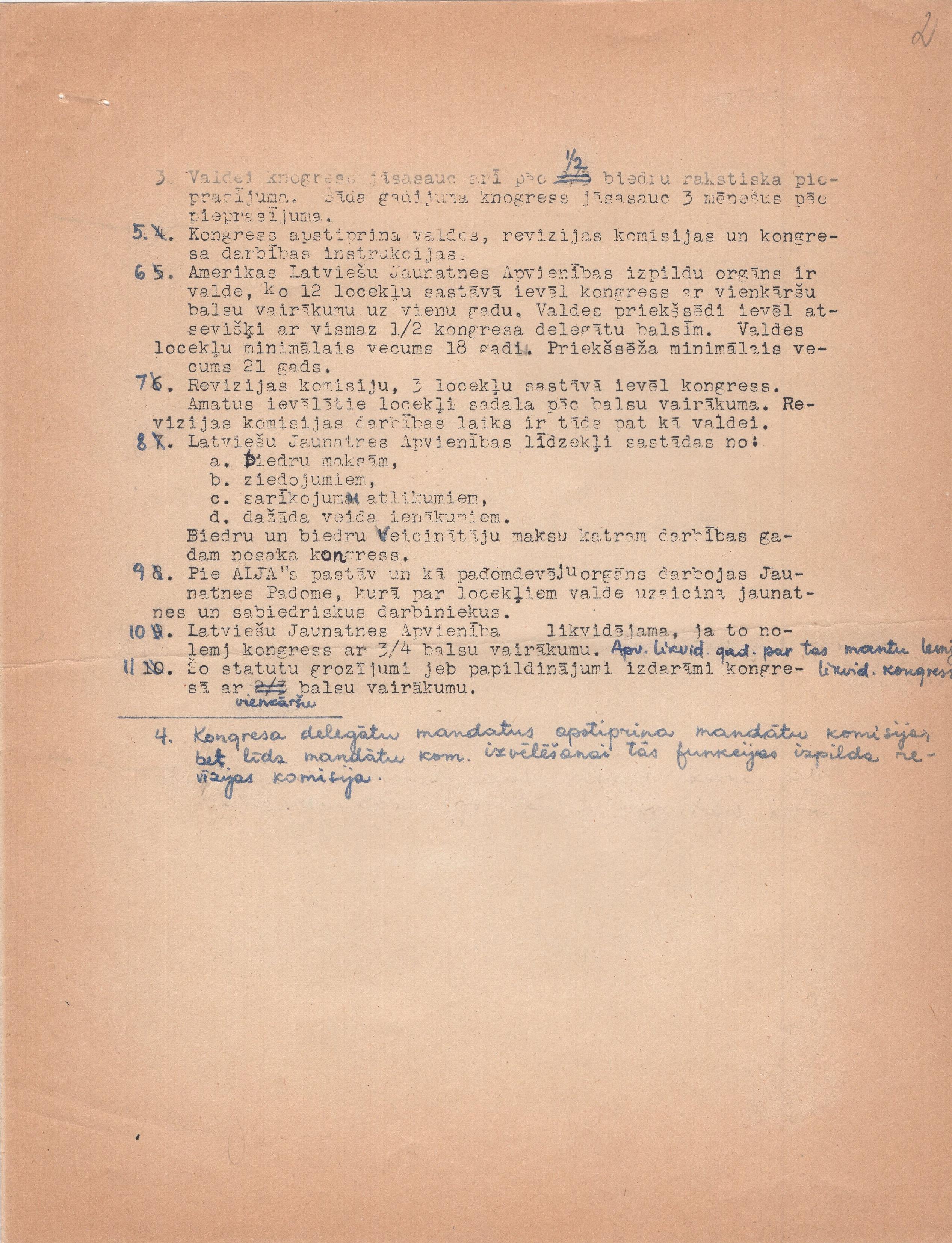 Amerikas Latviešu jaunatnes apvienības statūti, fragments ar labojumiem, 1953. gads.