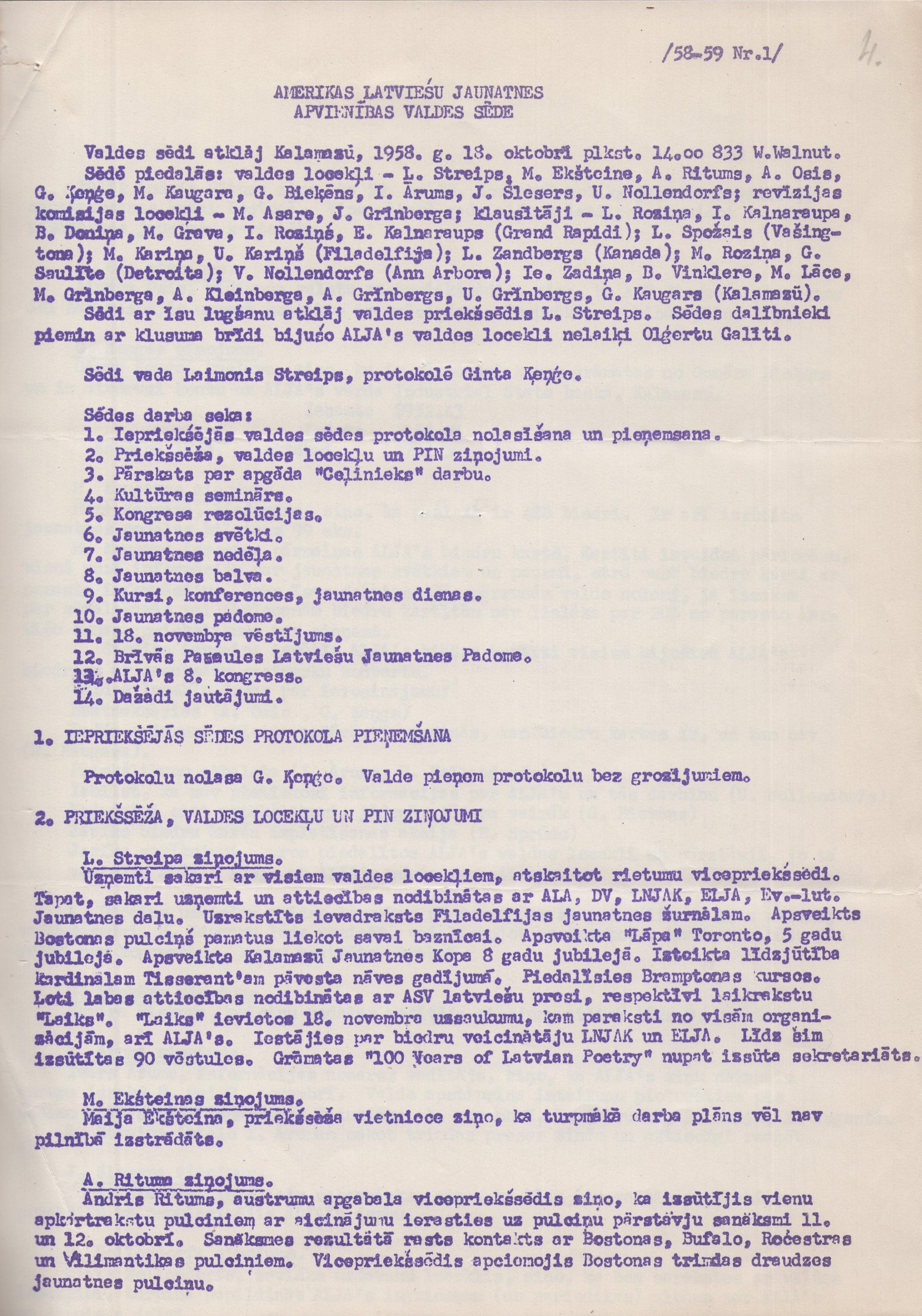 Amerikas Latviešu jaunatnes apvienības valdes sēdes protokols, kopija, fragments, 1958. gada 18. oktobris.