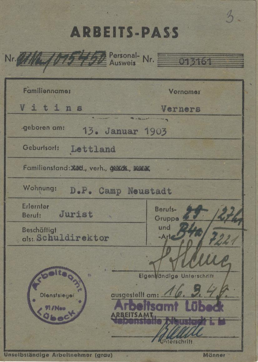 Jāņa Vernera Vītiņa darba apliecība, 1949. gada 16. marts. LNA_LVA, F1883_1-v_1, 3. lp.