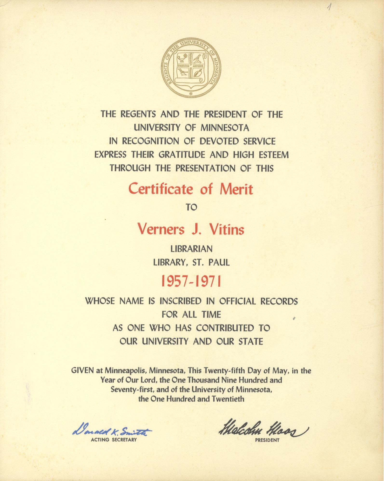 Jānim Verneram Vītiņam pasniegtais Minesotas Universitātes goda raksts, 1971. gads. LNA_LVA, F1883_1-v_2, 1. lp.