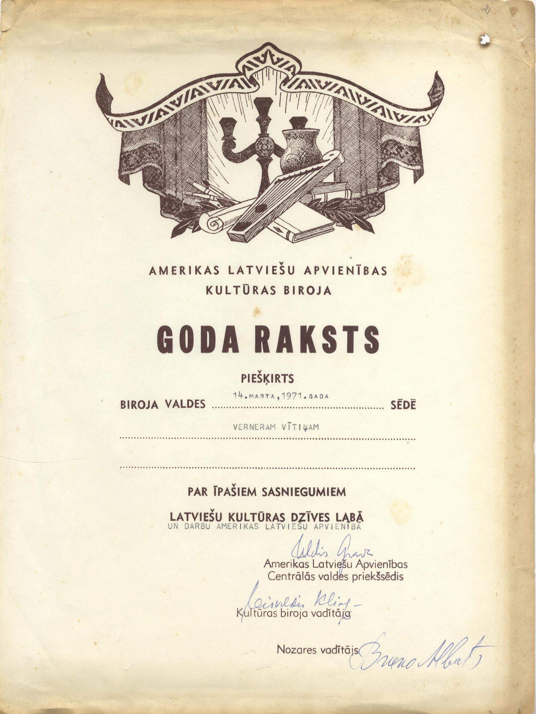 Jānim Verneram Vītiņam pasniegtais Amerikas latviešu apvienības Kultūras biroja goda raksts, 1971. gads. LNA_LVA, F1883_1-v_2, 2. lp.