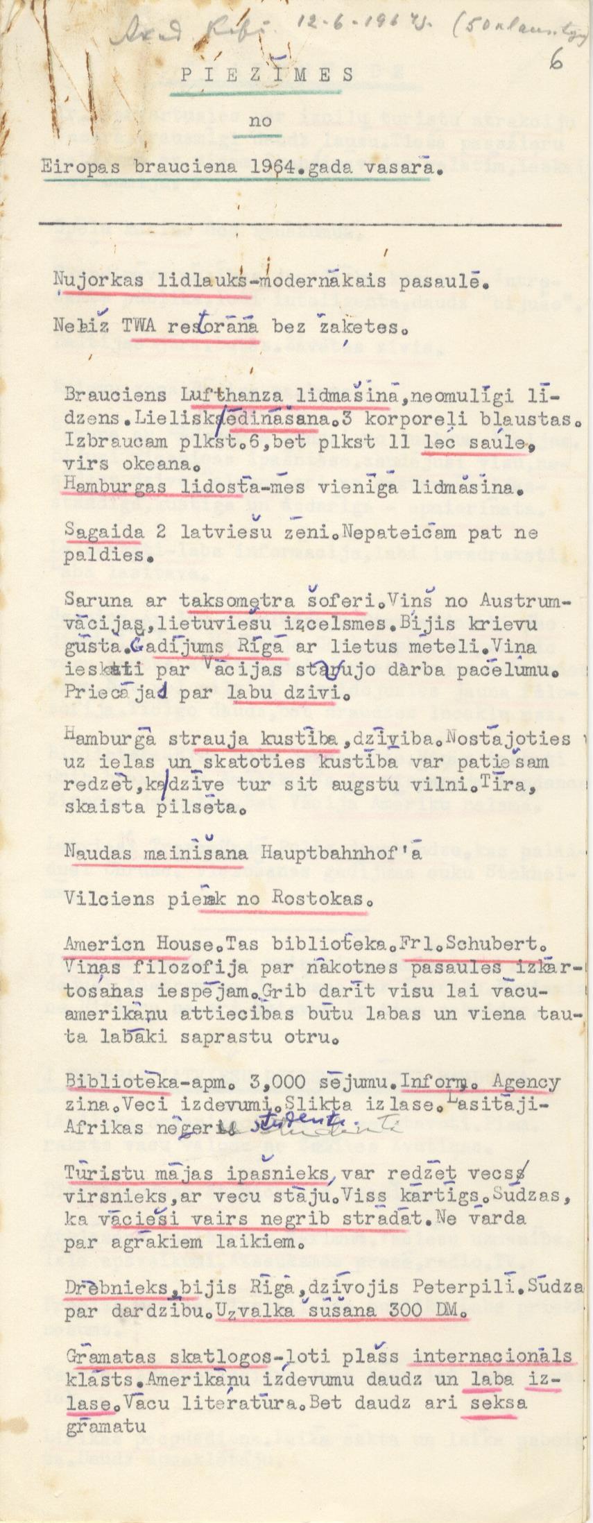 Jāņa Vernera Vītiņa piezīmes no ceļojuma pa Eiropu, 1964. gads. LNA_LVA, F1883_1-v_3, 6. lp.