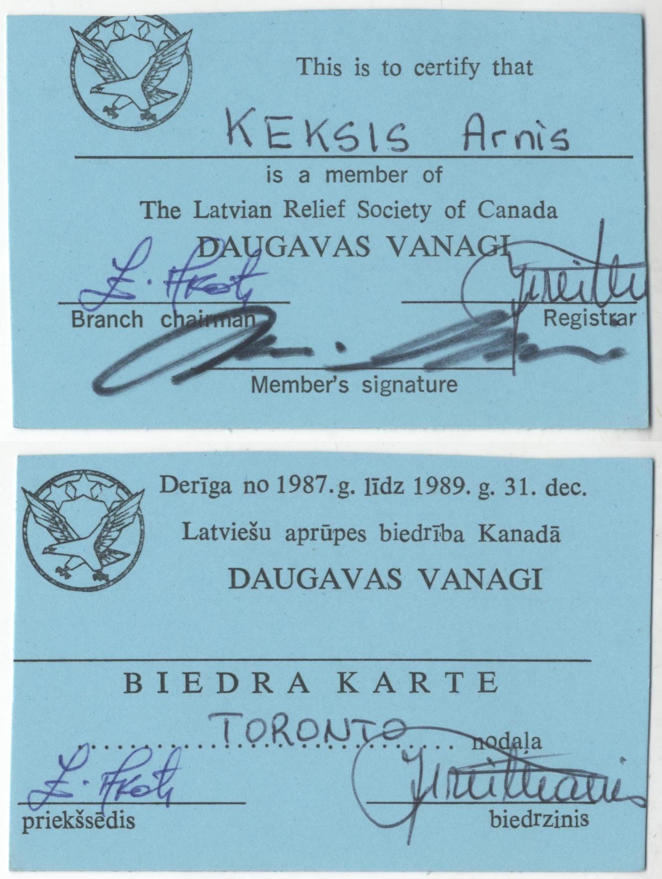 Arnim Ķeksim izsniegtā Latviešu aprūpes biedrības Kanādā "Daugavas vanagi" biedra karte, 1987. gads.