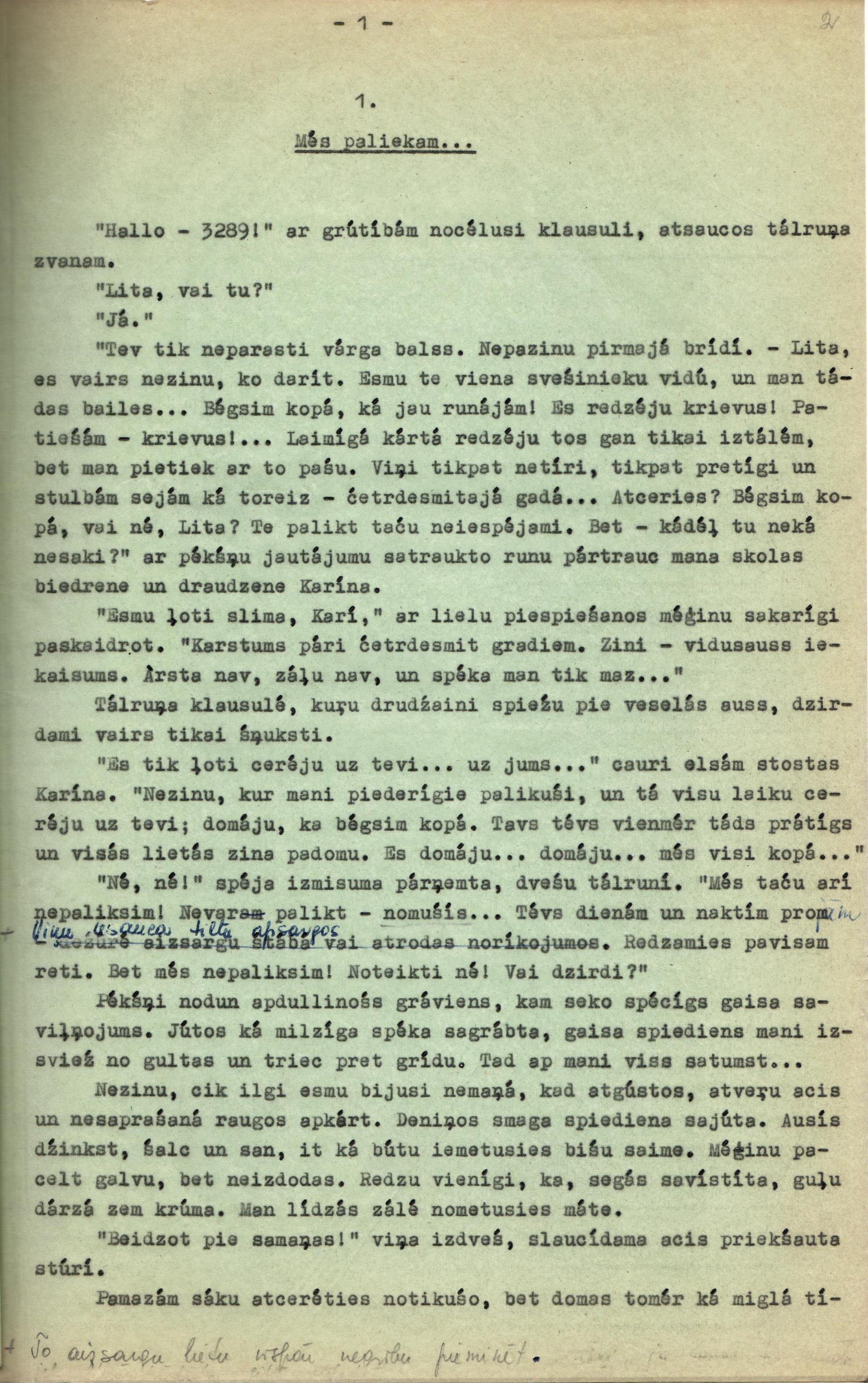 Lilijas Lindes-Skultānes atmiņu grāmatas "Sarkanā miglā" manuskripta fragments, 20. gadsimta 60. gadi.