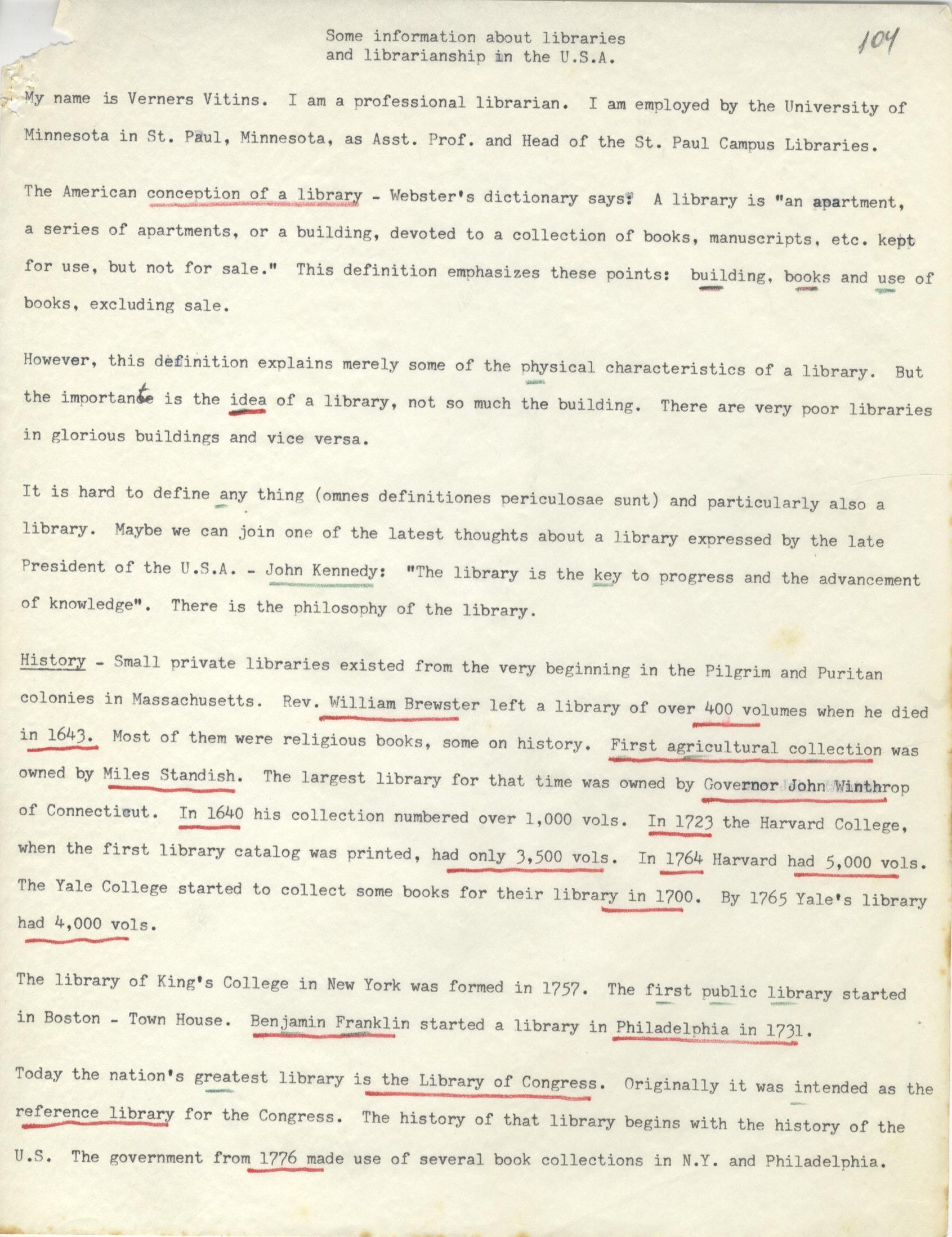 Jāņa Vernera Vītiņa manuskripts par ASV bibliotēkām komandējumam Eiropā, 1970. gads. LNA_LVA, F1883_1-v_10, 104. lp.