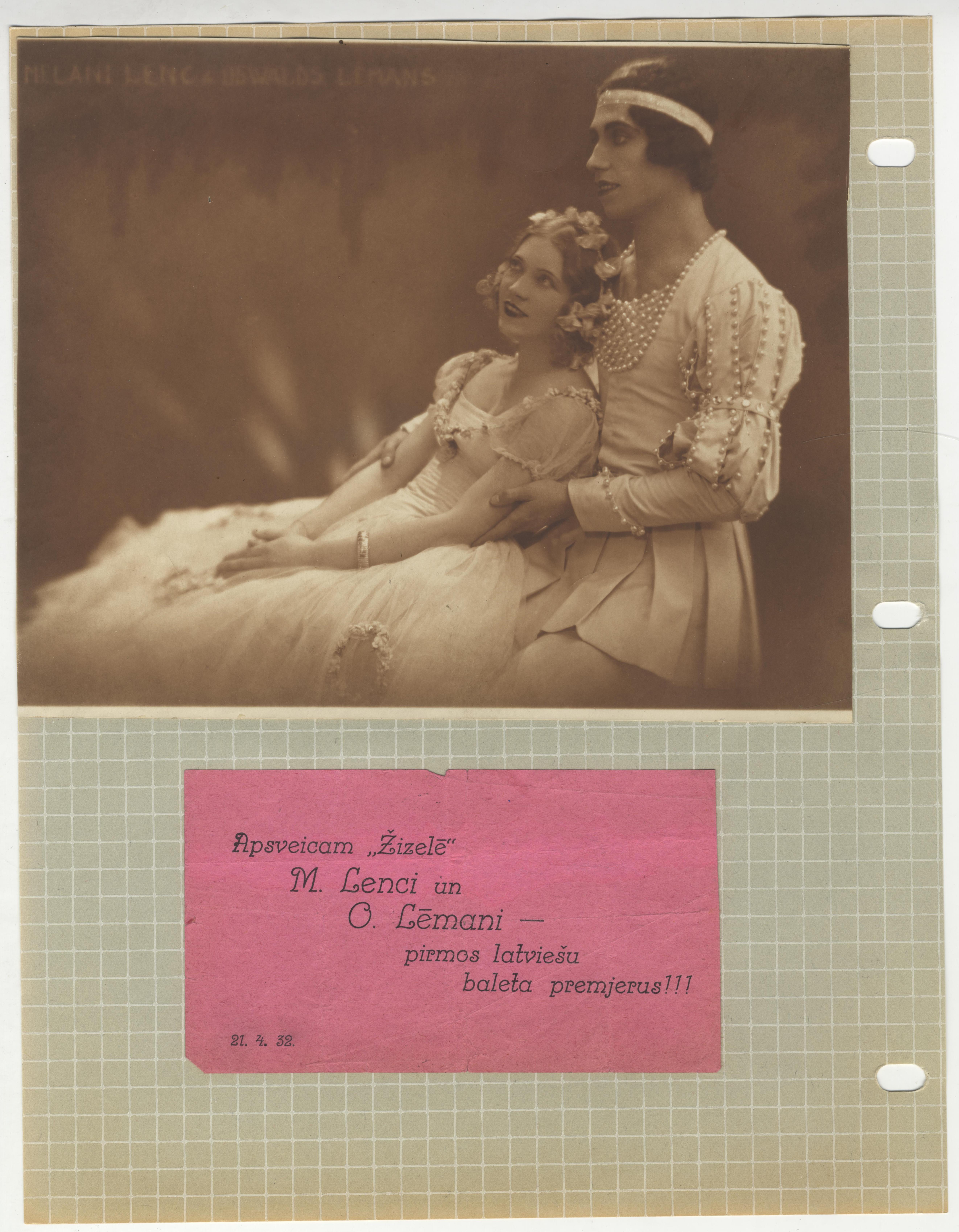 Melānijas Lences albums ar attēlu un apsveikumu ar baleta "Žizele" pirmizrādi, fragments. LNA_LVA, F2117_1v_3