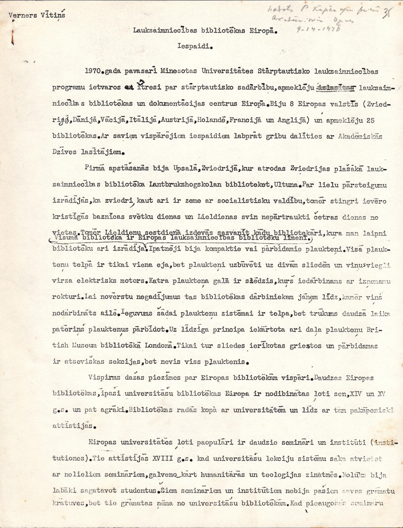 Jāņa Vernera Vītiņa raksta "Lauksaimniecības bibliotēkas Eiropā. Iespaidi" manuskripta fragments, 1970. gads. LNA_LVA, F1883_1-v_6, 35. lp.