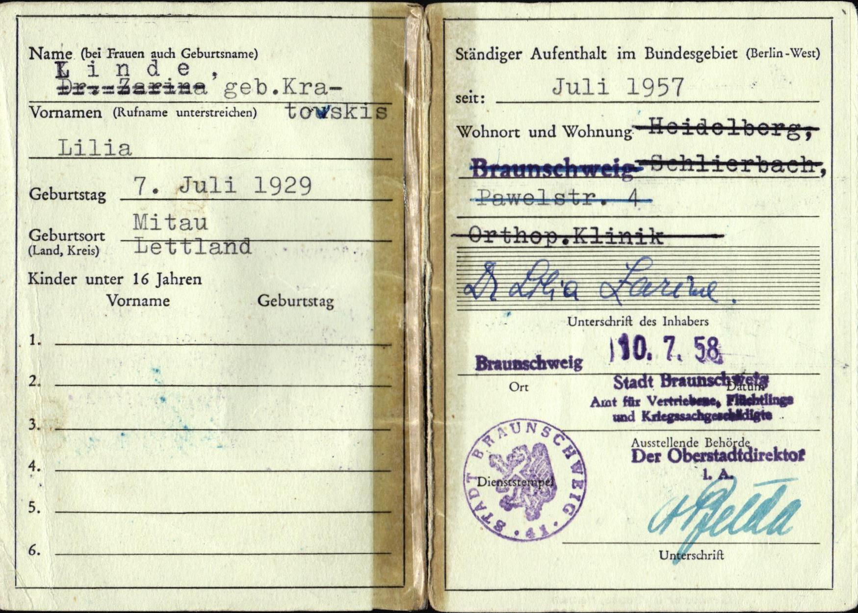 Lilijas Zariņas imigrācijas apliecība, 1958. gads.