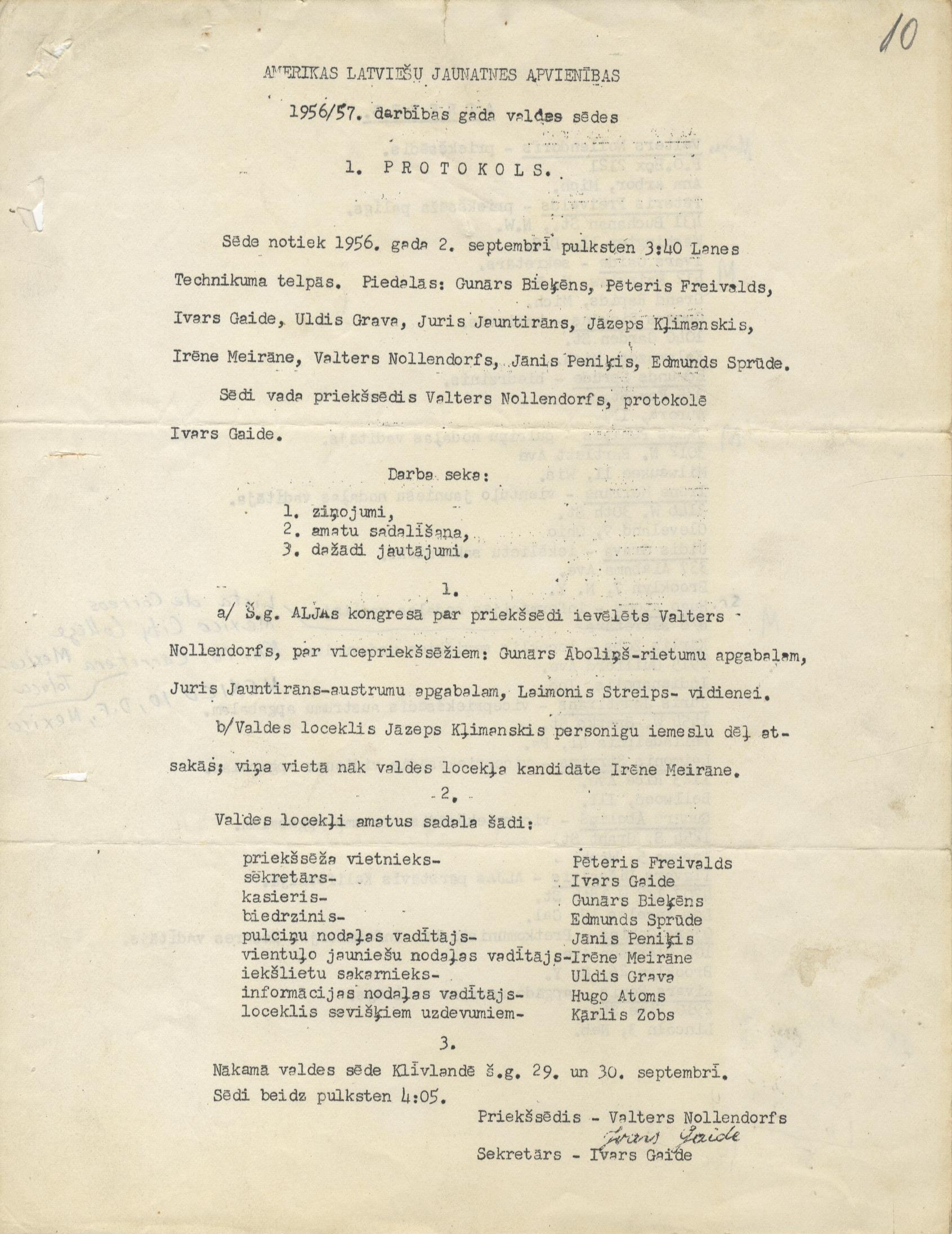 Amerikas Latviešu jaunatnes apvienības 1956./57. darbības gada valdes sēdes 1. protokols, 1956. gada 2. septembris. LNA_LVA, F2928_1-v_19, 10. lp.