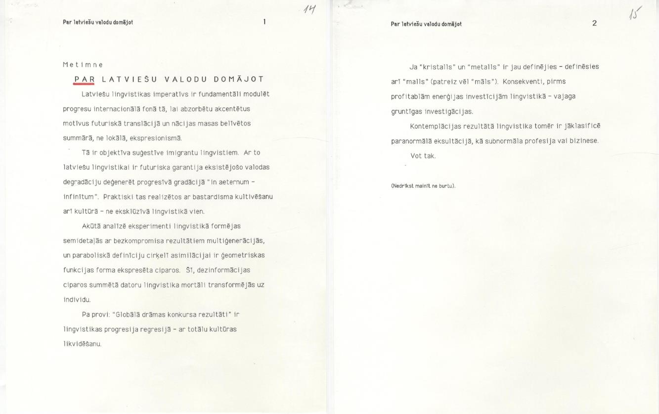 Arņa Ķekša raksts "Par latviešu valodu domājot", 1993. gads.