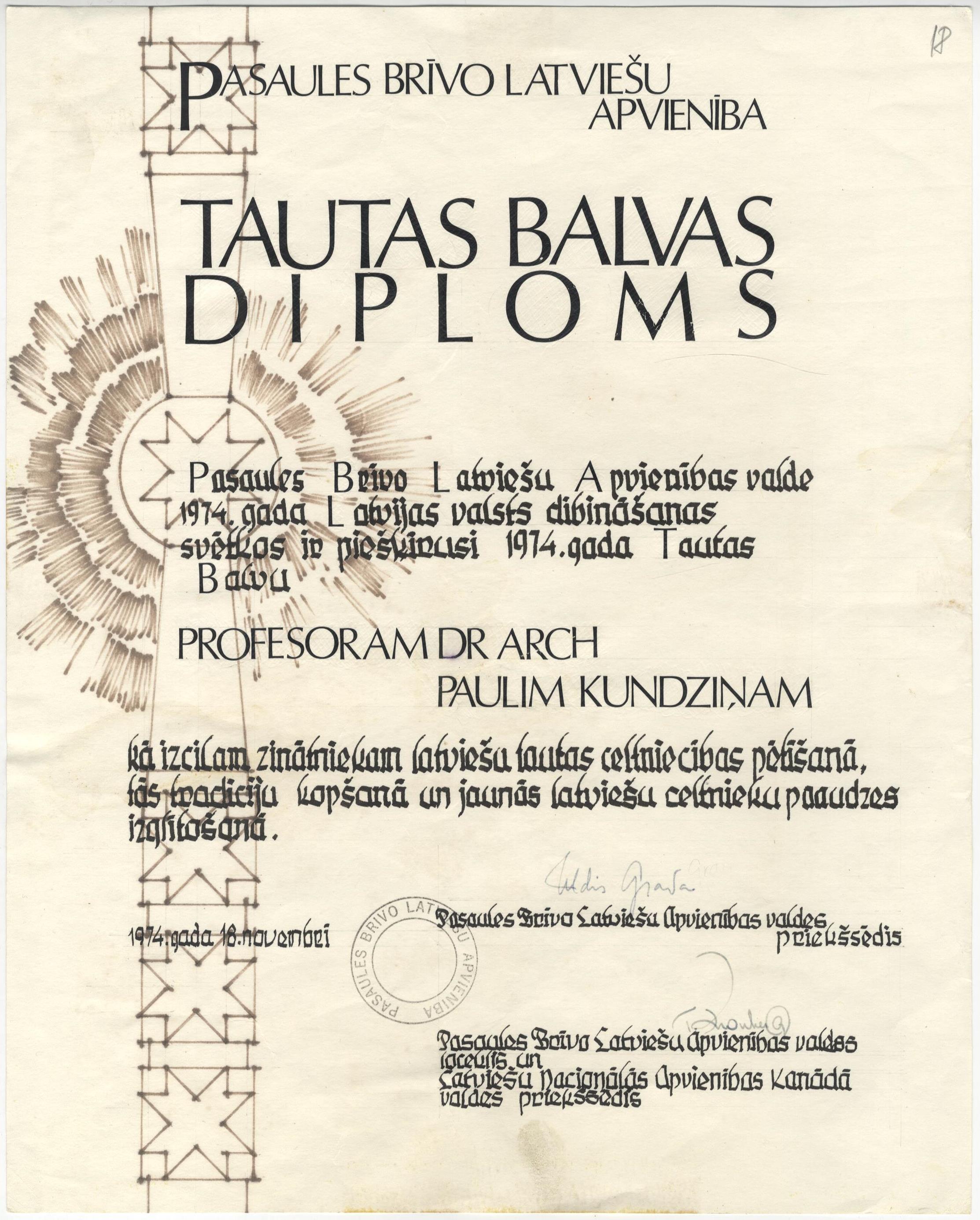 P. Kundziņam piešķirtais Pasaules Brīvo latviešu apvienības Tautas balvas diploms, 1974. gada 18. novembris. LNA_LVA, F 2280_1-v_4, 18. lp.