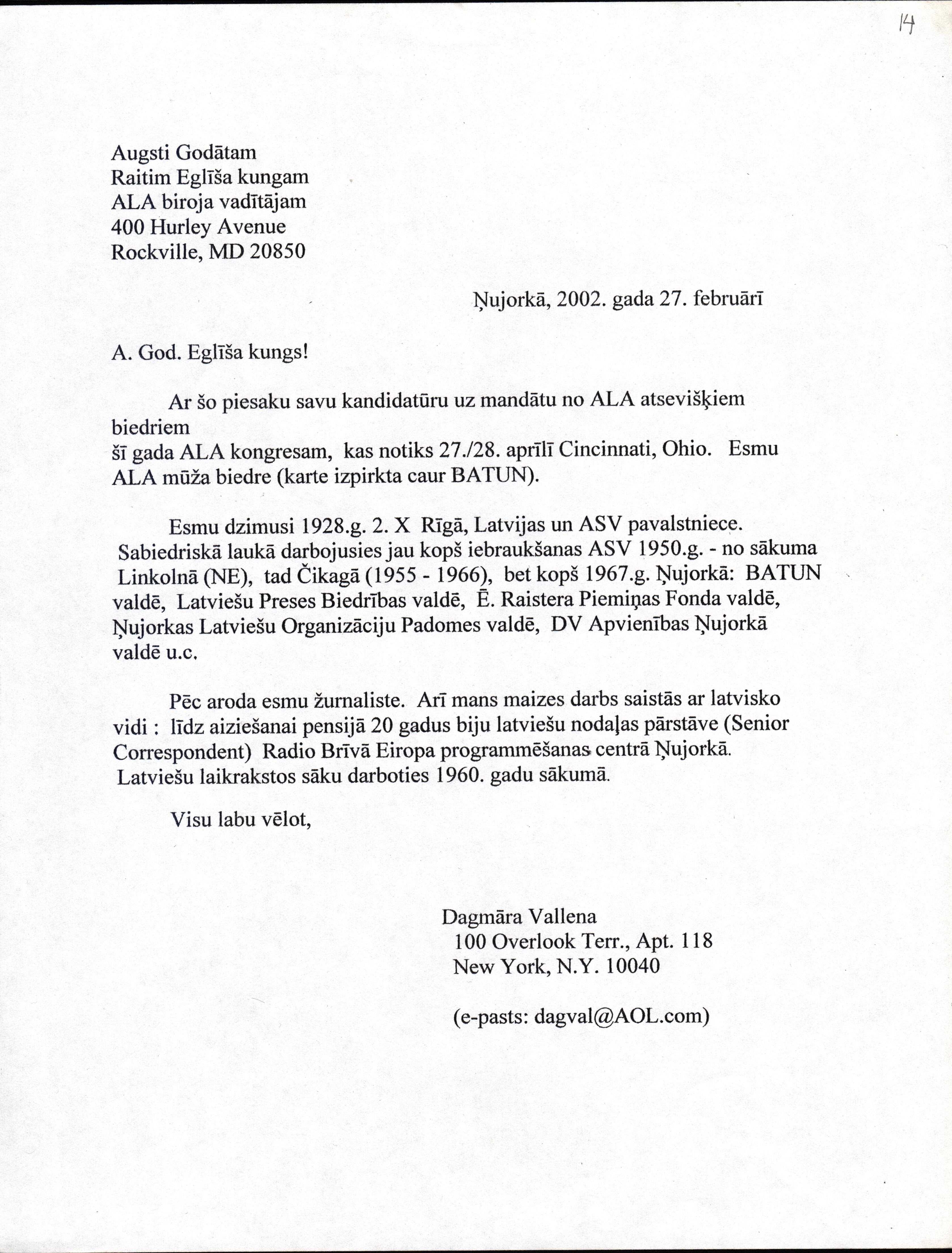 D.Vallenas pieteikums ALA kongresa delegāta mandātam. 2002.gada 27.februārī