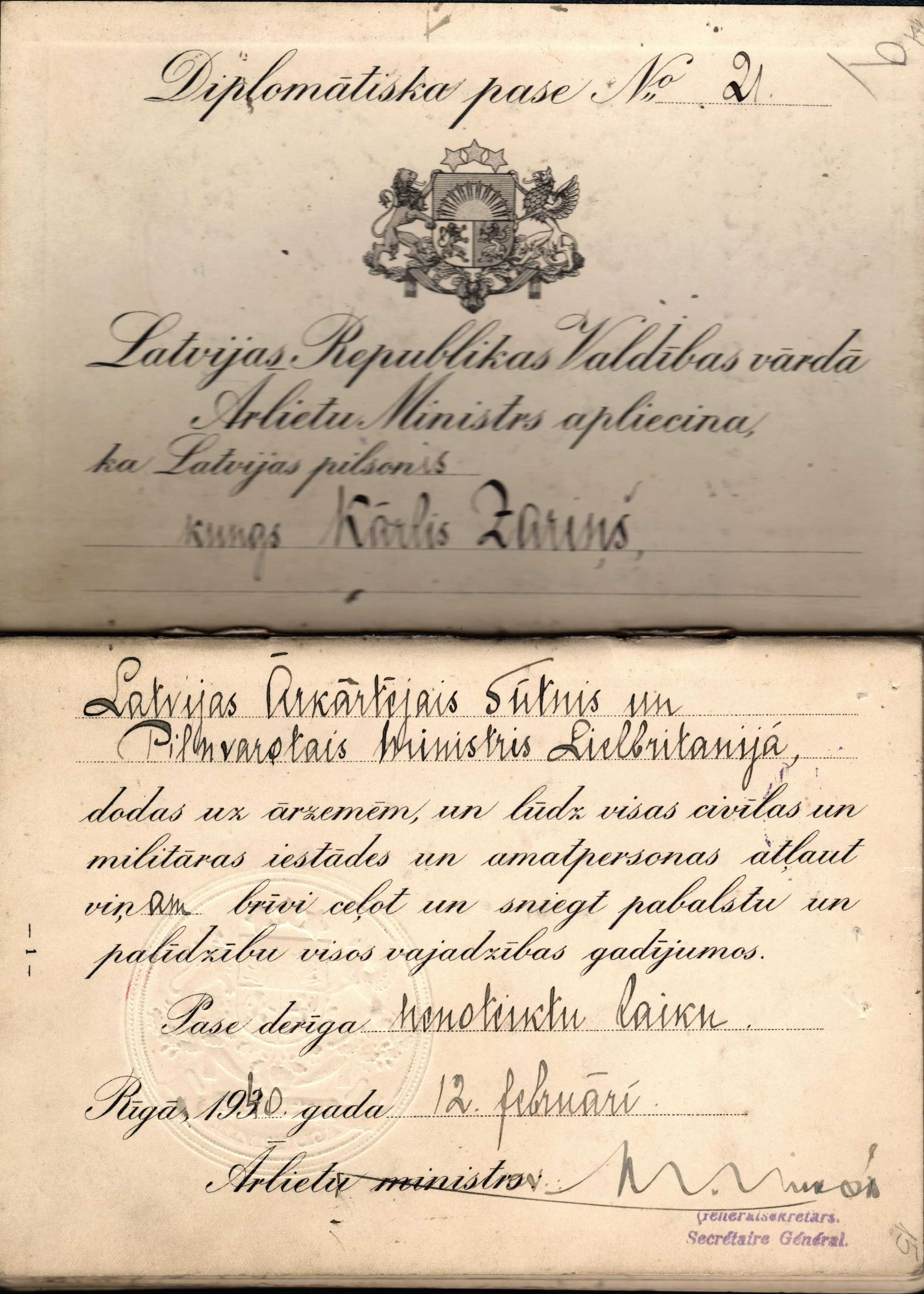 Lapa no K.Zariņa Latvijas Republikas diplomātiskās pases, izdotas 1940.g.