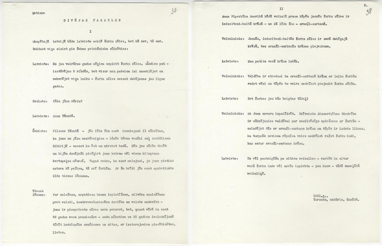 Metimnes (Arņa Ķekša) dialogs "Divējas pasaules", 1981. gads