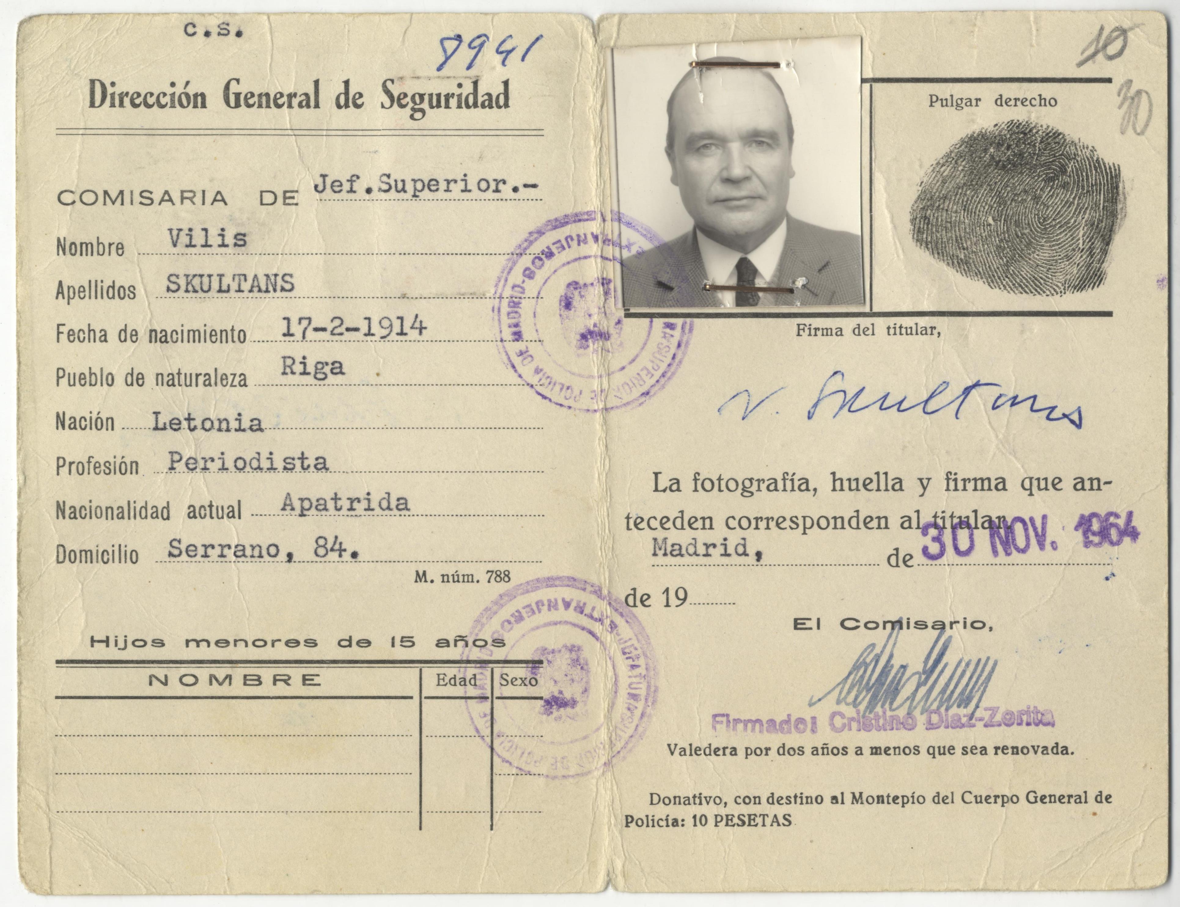 Viļa Skultāna apliecība, lai uzturētos Spānijā, 1964. gads