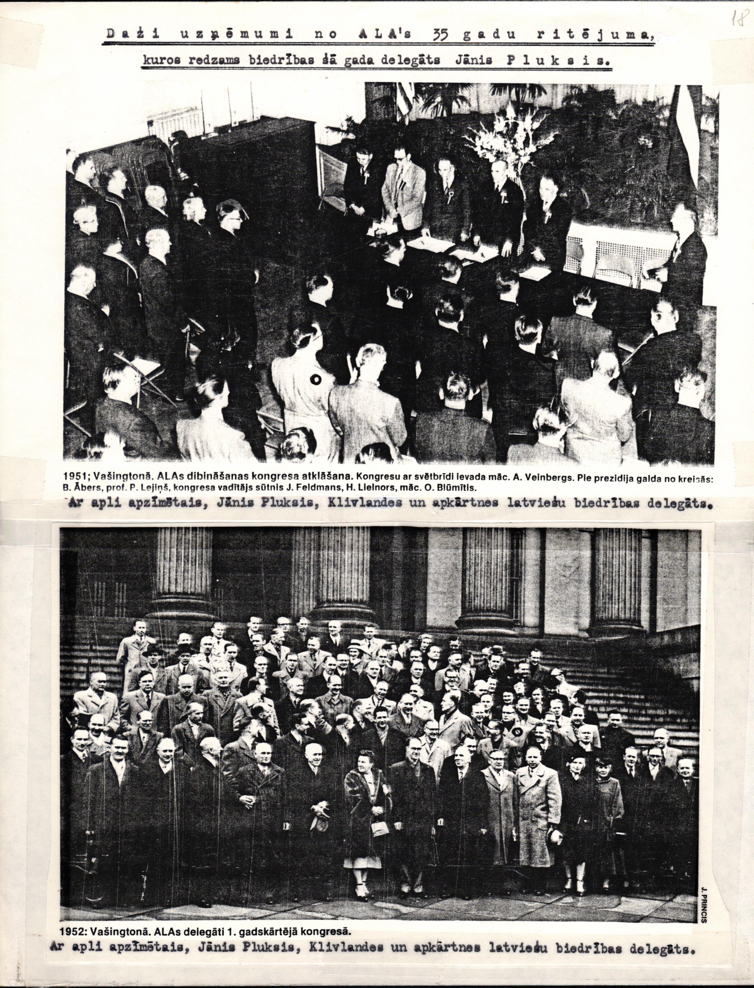 Trimdas latviešu organizācijas "Daugavas Vanagi" Klīvlendas apvienības, kuras priekšsēdētājs bija Jānis Pluksis, informatīvās lapas, kurā ietvertas foto reprodukcijas un informācija par Amerikas Latviešu apvienības (ALA) dibināšanas kongresu 1951. gadā Vašingtonā, ASV un 1. gadskārtējo kongresu 1952. gadā Vašingtonā, ASV, makets. 1986. gads.