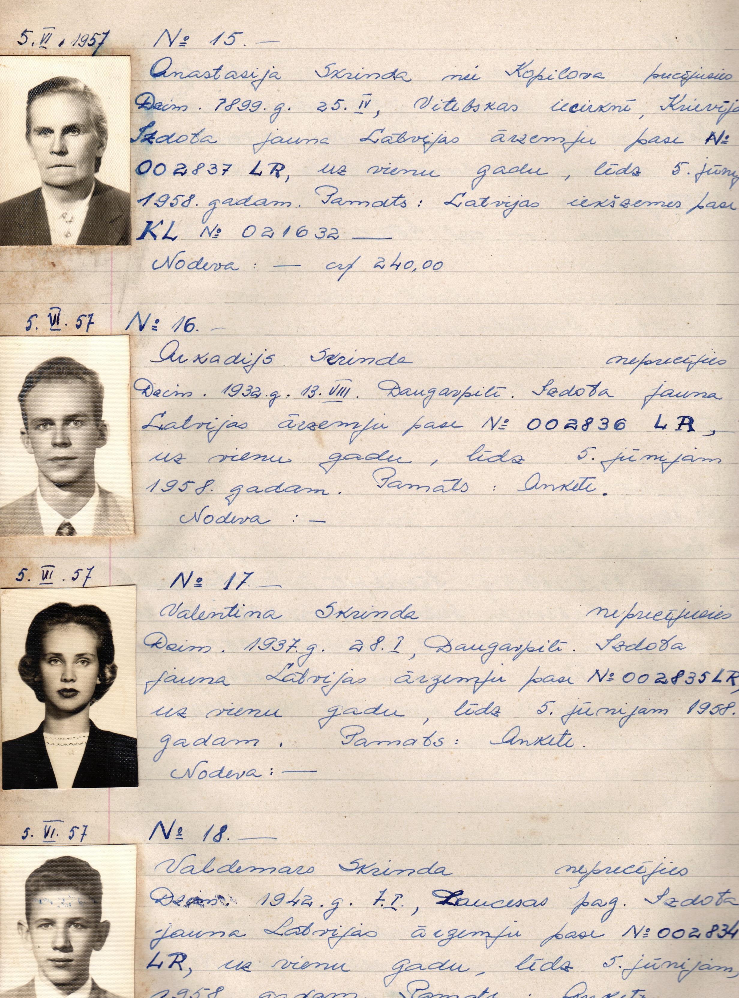 Latvijas sūtniecības Riodežaneiro konsulāro darījumu reģistrācijas grāmatas ierakstu lapa ar Latvijas ārzemju pasu izsniegšanas ierakstiem. 1955. gada maijs.
