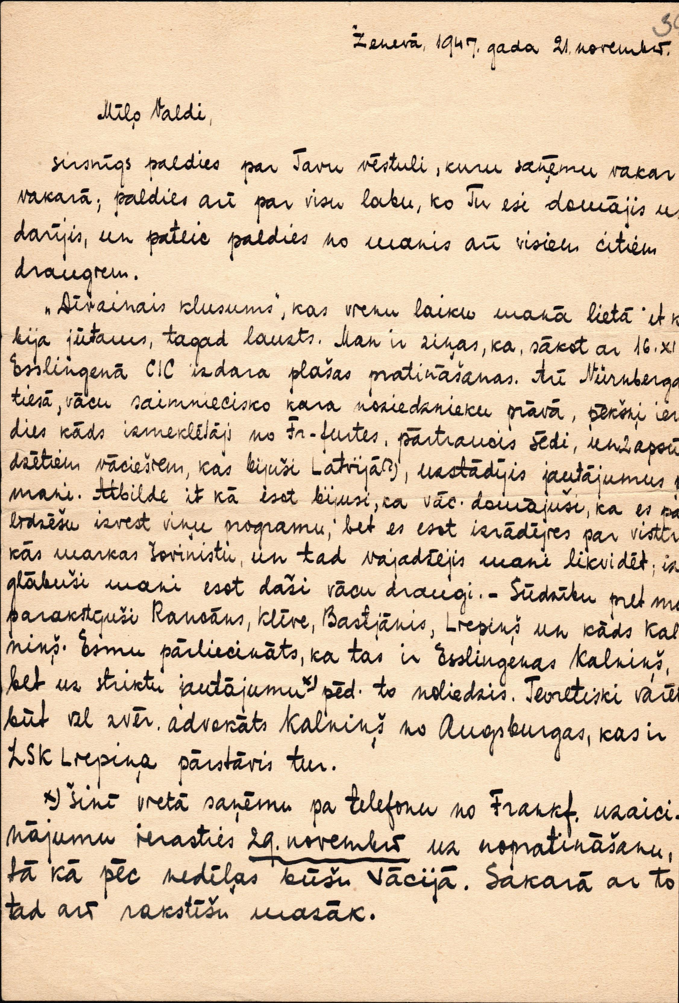 A,Valdmaņa sarakste ar Valdi (Antiņu?) 1947.gada 2.novembrī.