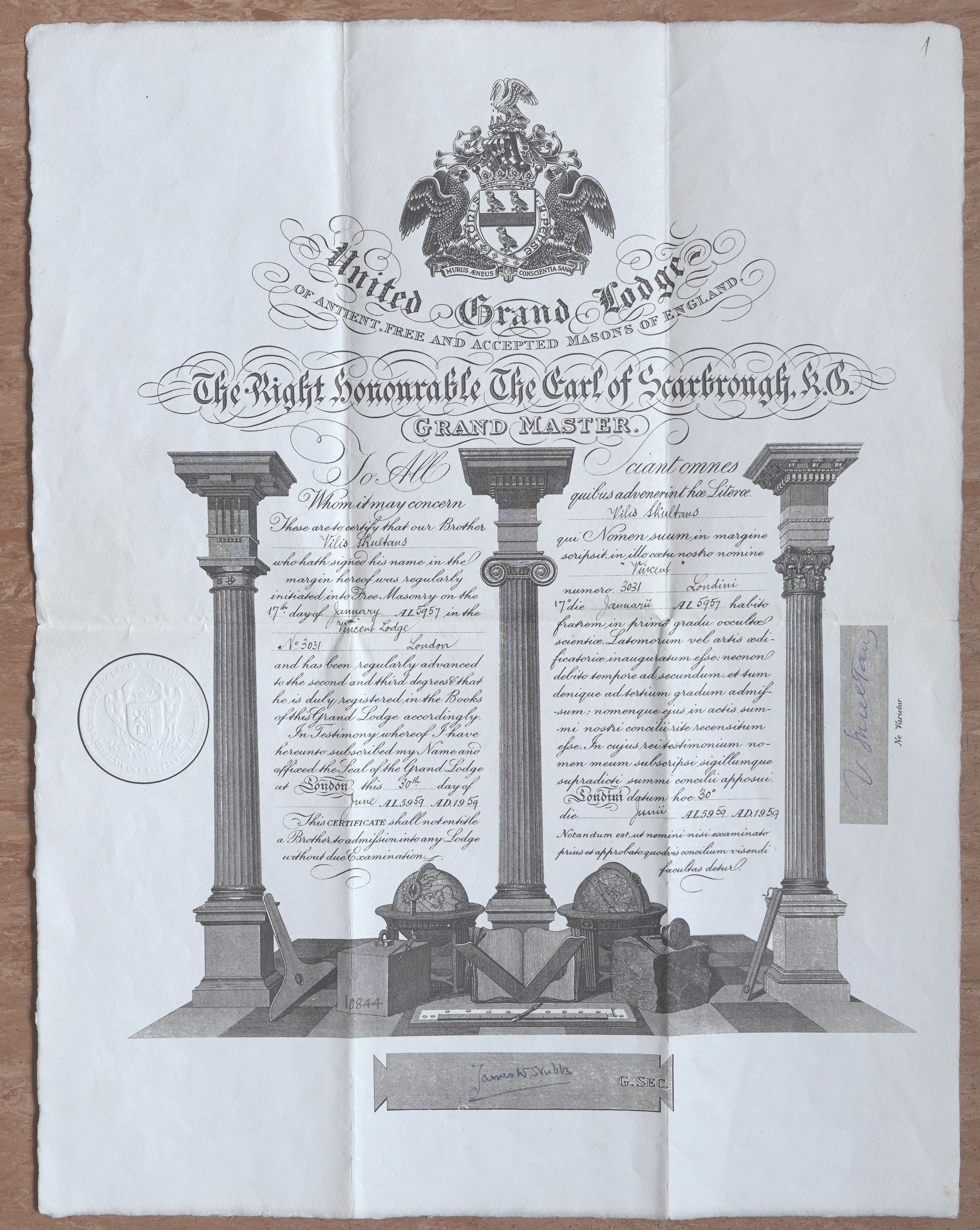 Vilim Skultānam izsniegtais Anglijas brīvmūrnieku ložas diploms, 1959. gads