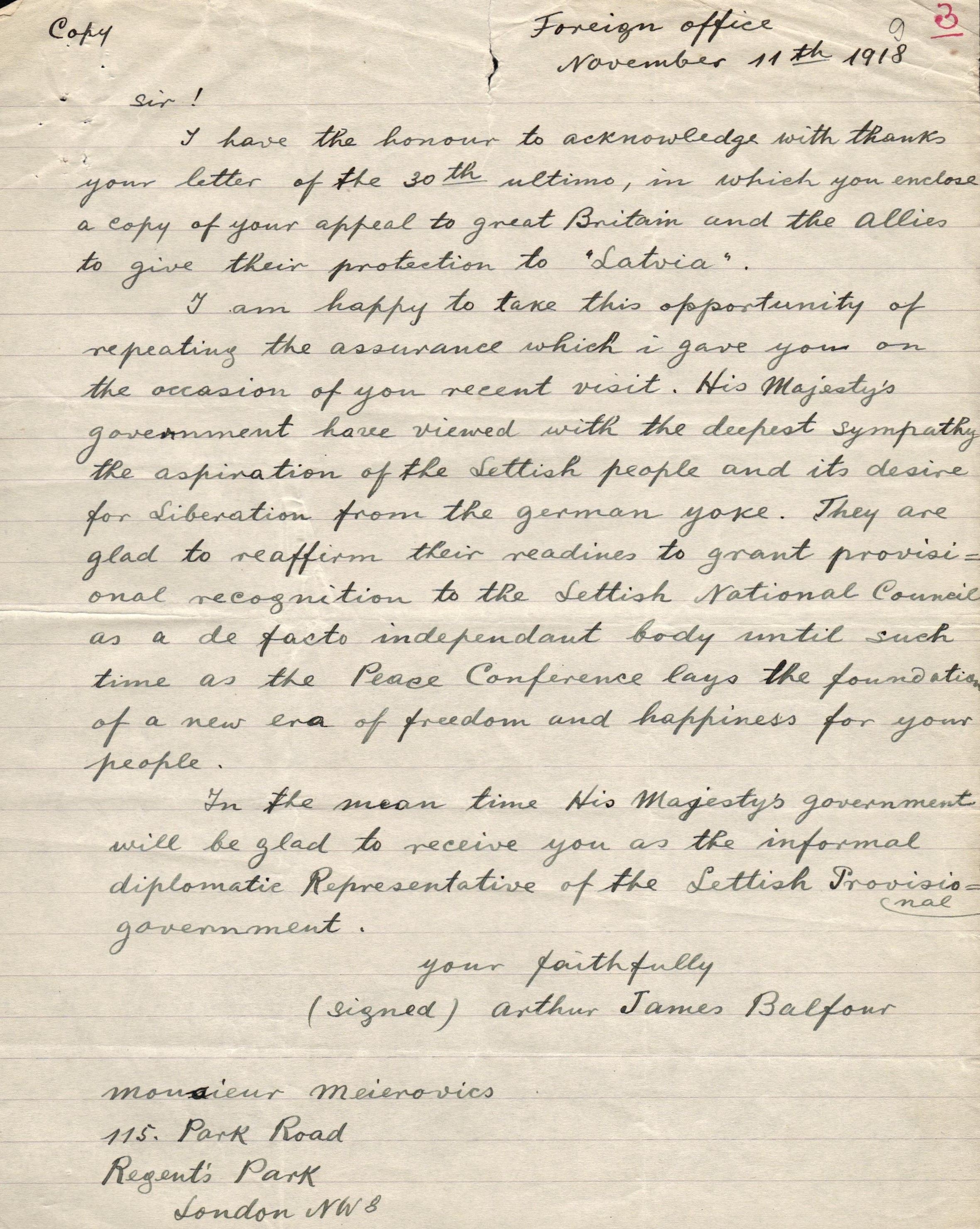 Lielbritānijas ārlietu ministra Artūra Balfūra Latvijas "de facto" valdības atzīšanas noraksts. 1918.g. 11.novembris. E.Celmiņa rokraksts.