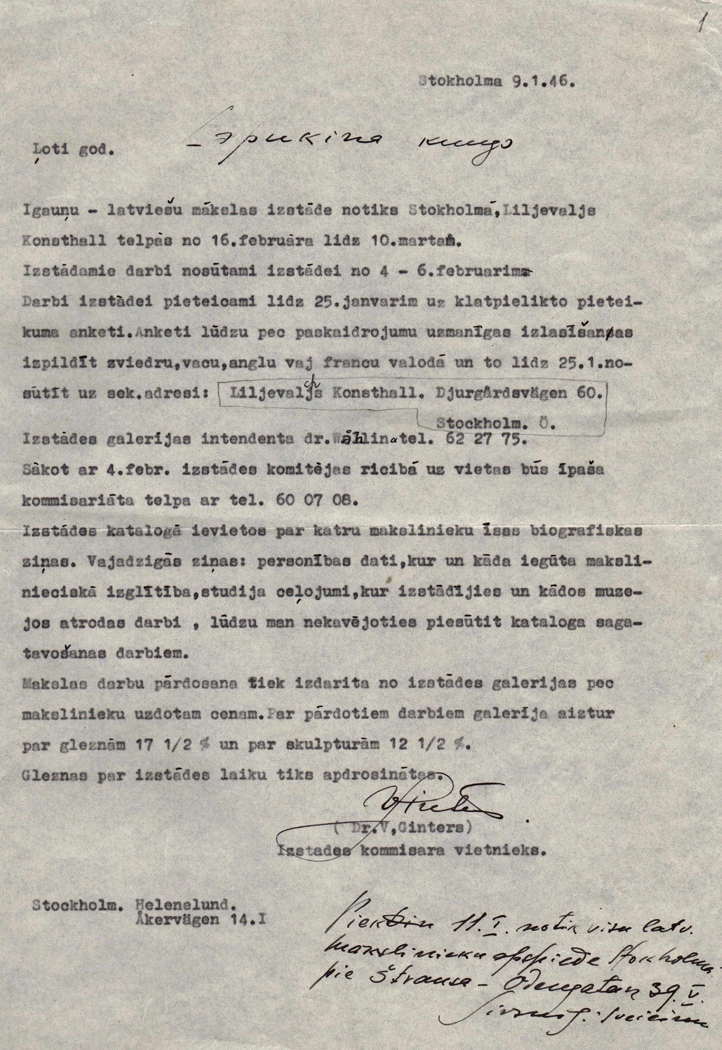 Sarakste par igauņu un latviešu mākslinieku darbu izstādi Stokholmā, Liljevalch`s Art Hall 1946.g.