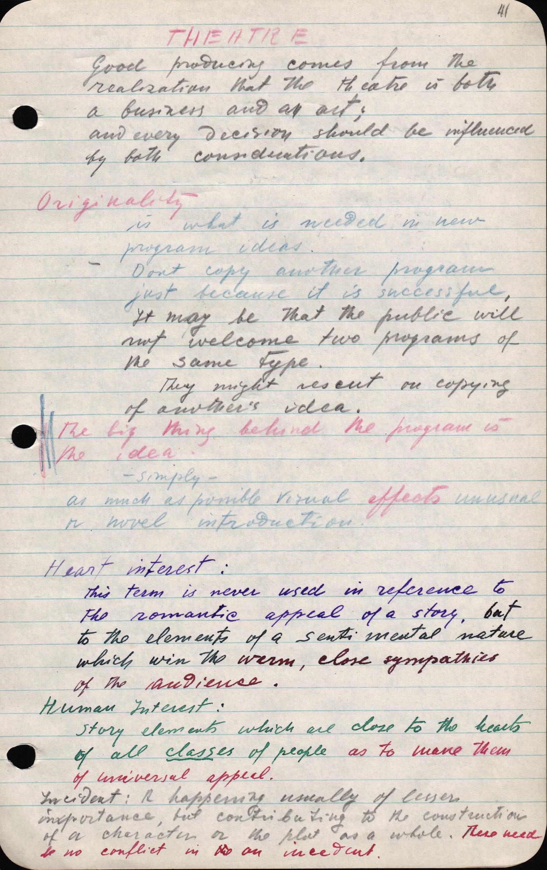 Fragments no Jāņa Munča pierakstu un konspektu burtnīcas par mākslas vēsturi, terminoloģiju, angļu valodas gramatiku, teātri un mūziku. Angļu val. Ap 1950. – 1955. gadu.