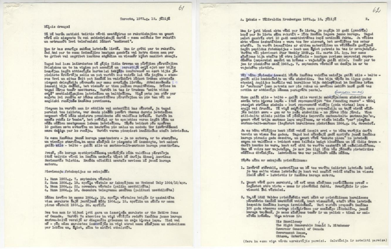 Arņa Ķekša vēstule Tālivaldim Kronbergam par Kanādas karoga izveidi, fragments, Toronto, Kanāda, 1973. gada 15. jūlijs.