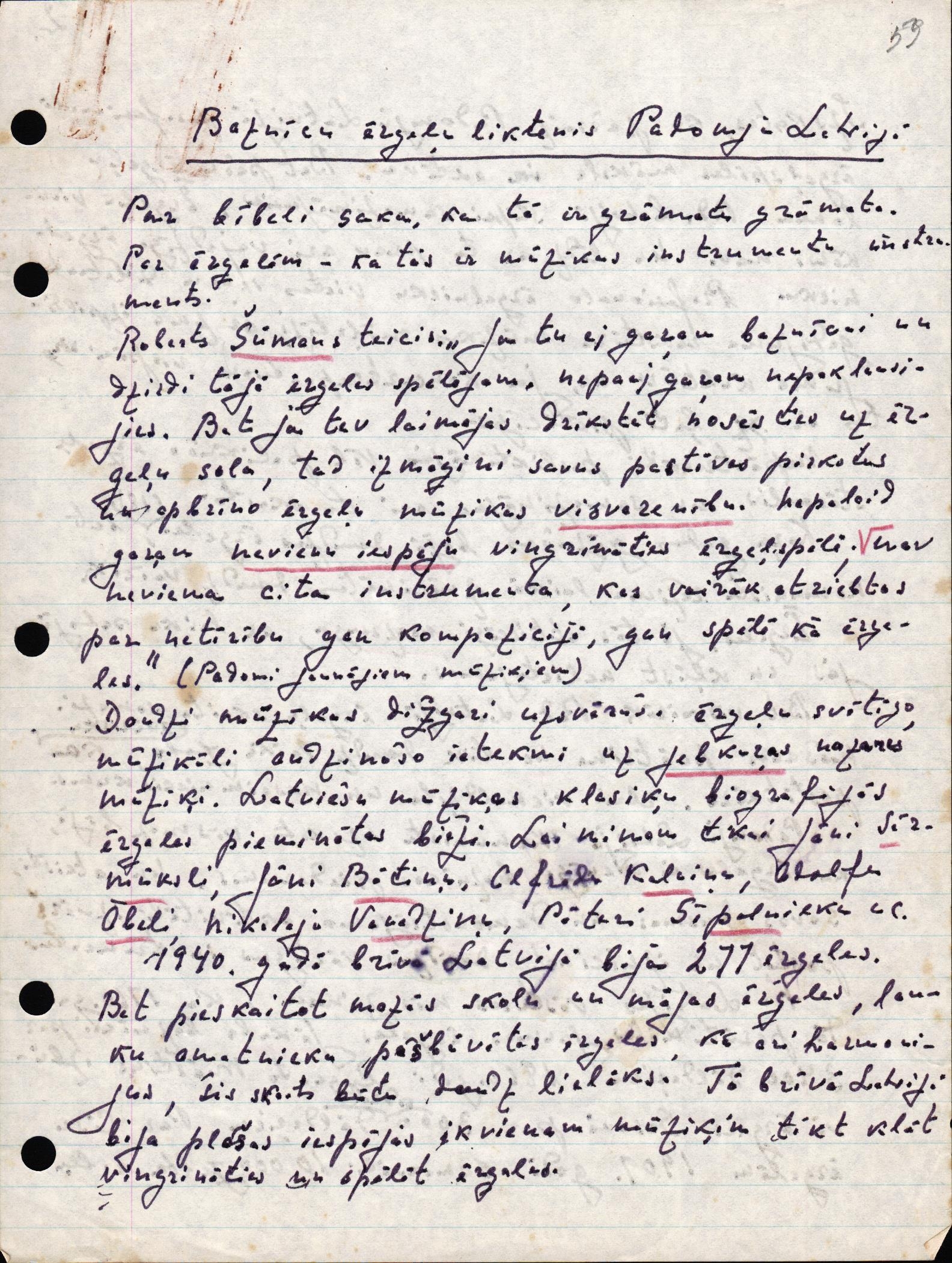 Jāņa Vernera Vītiņa manuskripts rakstam "Baznīcu ērģeļu liktenis okupētā Latvijā", fragments, 20. gadsimta 80. gadi. LNA_LVA, F1883_1-v_6, 59. lp.