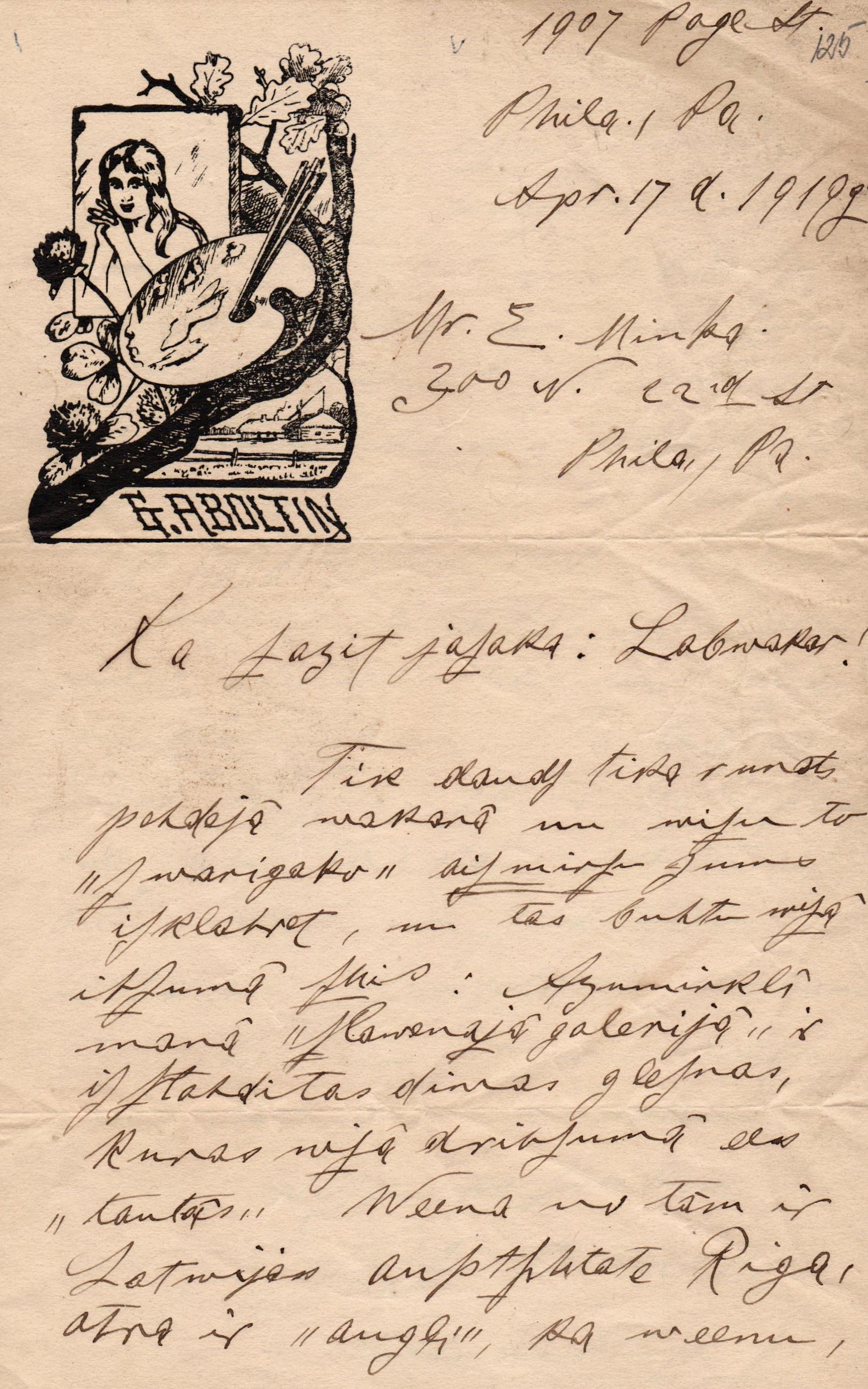 Mākslinieka Georga Āboltiņa vēstule Ernestam Minkem. 1919. gada 17. aprīlī.