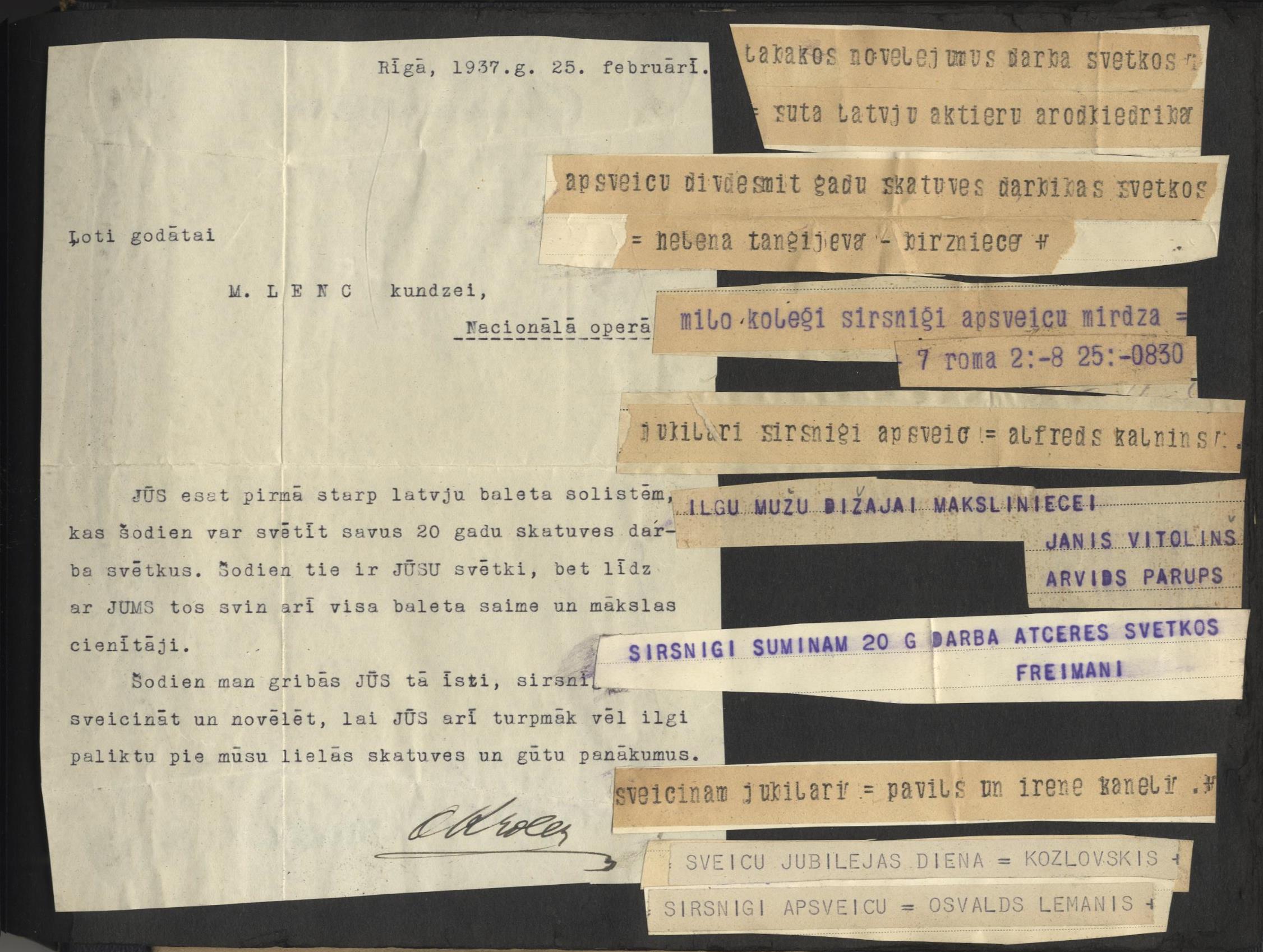 Melānijas Lences albums ar apsveikumiem 20 gadu skatuves darbības jubilejā, fragments. LNA_LVA, F2117_1v_3