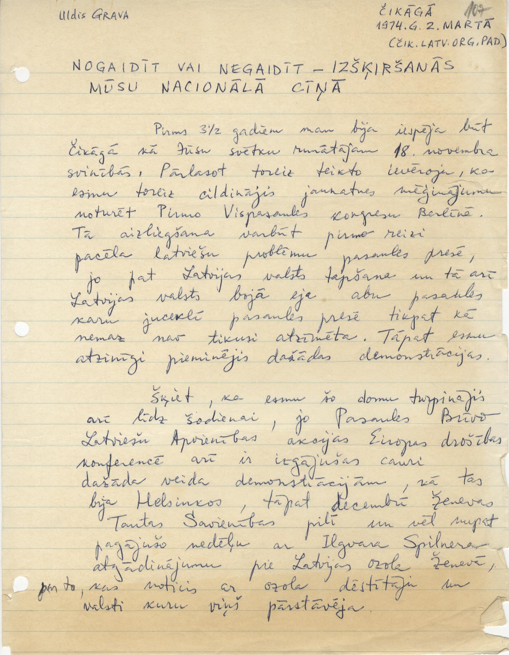 Ulža Ivara Gravas runa Čikāgas latviešu organizāciju padomē, fragments, 1974. gada 2. marts. LNA_LVA, F2928_1-v_10, 107. lp.