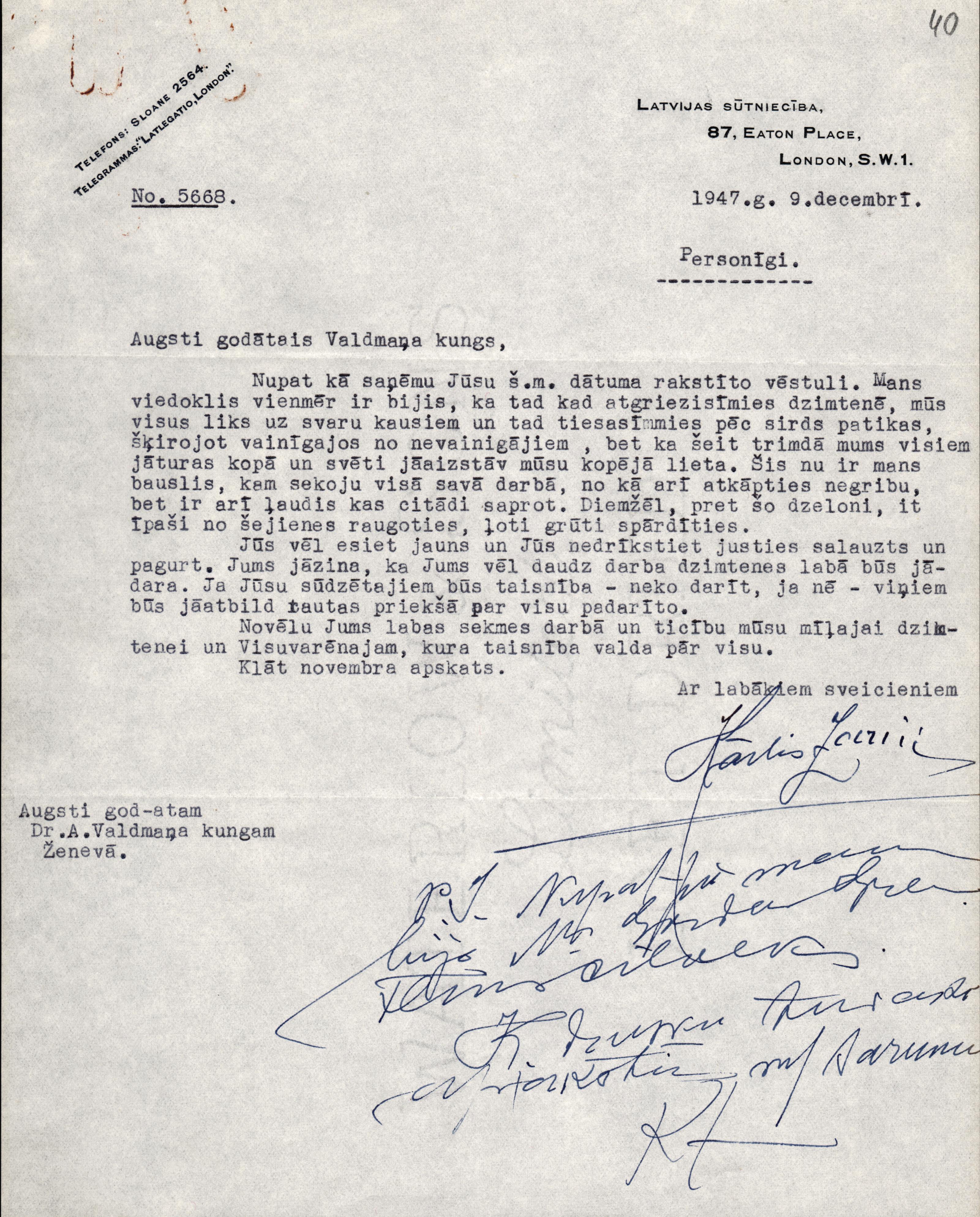 A.Valdmaņa un Latvijas sūtņa Lielbritānijā K.Zariņa sarakste 1947.gada 9.decembrī.
