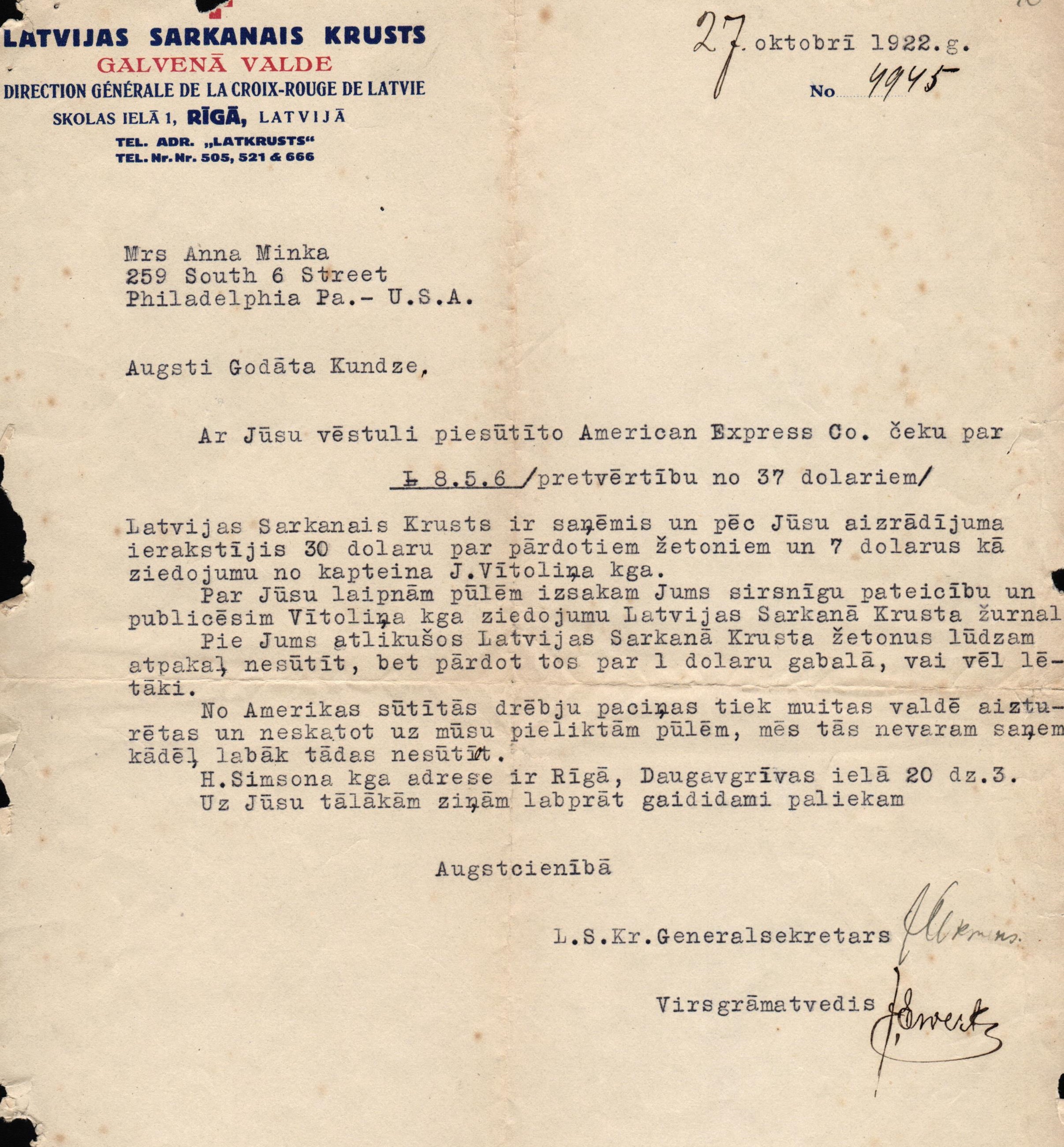 Latvijas Sarkanā Krusta Galvenās valdes sarakste ar Annu Minki. 1922. gada 27. oktobris.