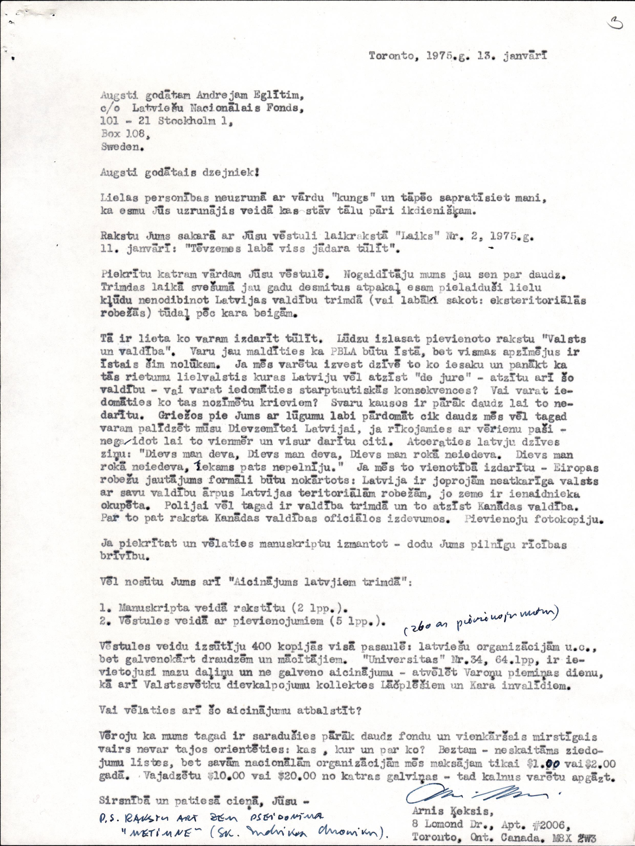 Arņa Ķekša vēstule Andrejam Eglītim par trimdas valdības izveidi, 1975. gada 13. janvāris.