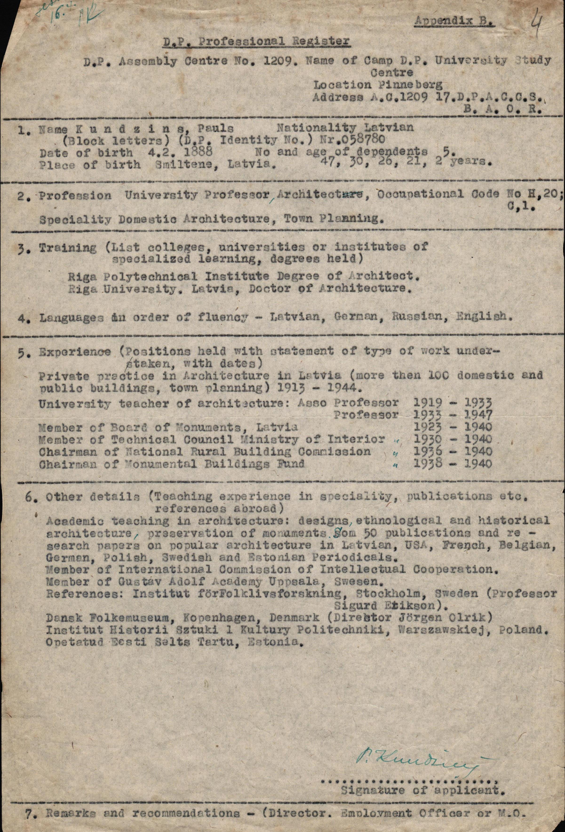 P. Kundziņa dzīves gājums darbam Baltijas Universitātē, ap 1948. gadu. LNA_LVA, F2280_1-v_3, 4. lp.