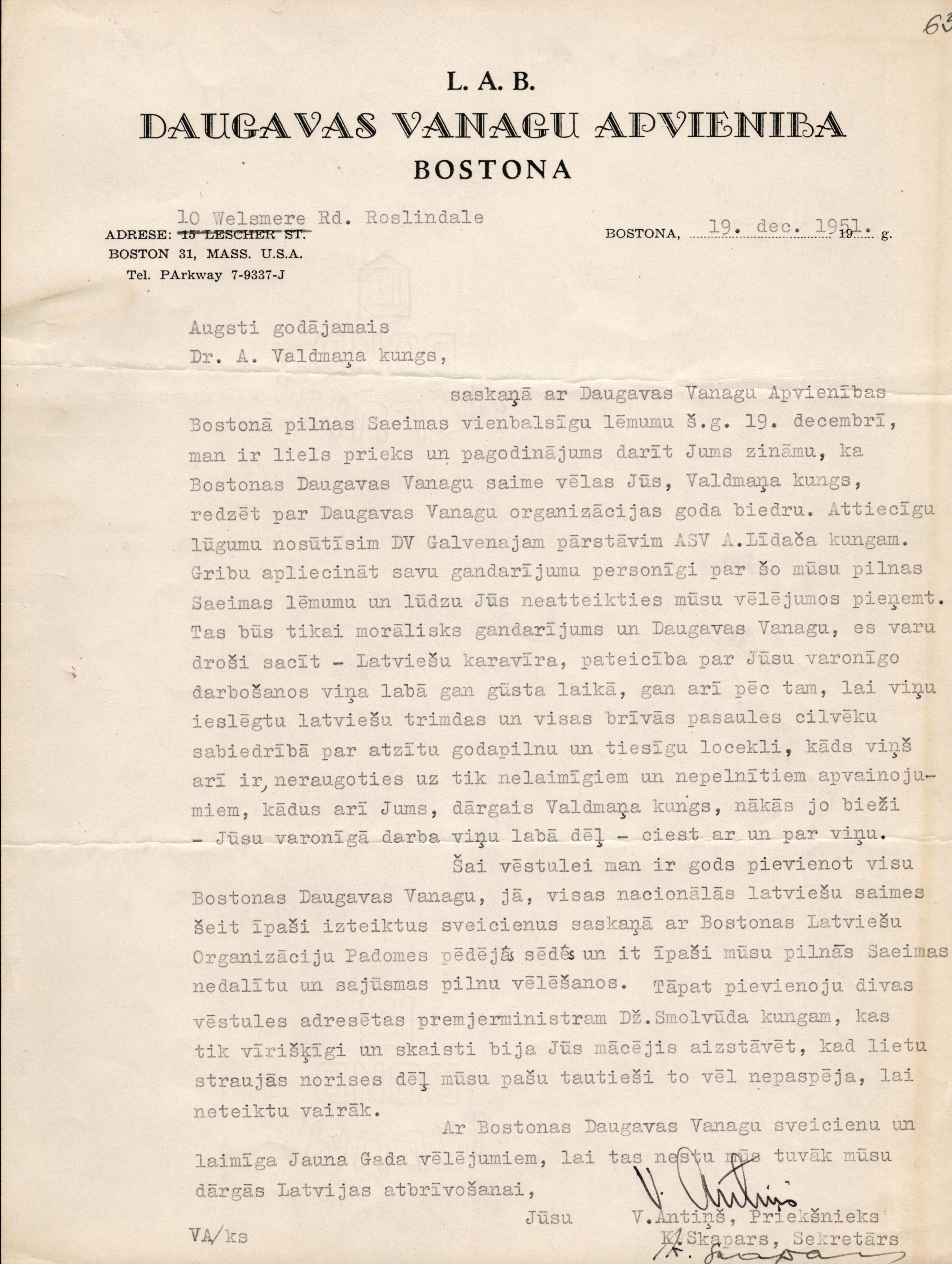 A,Valdmaņa sarakste ar Daugavas Vanagu Apvienības Bostonā pārstāvjiem 1951.gada 19.decembrī.