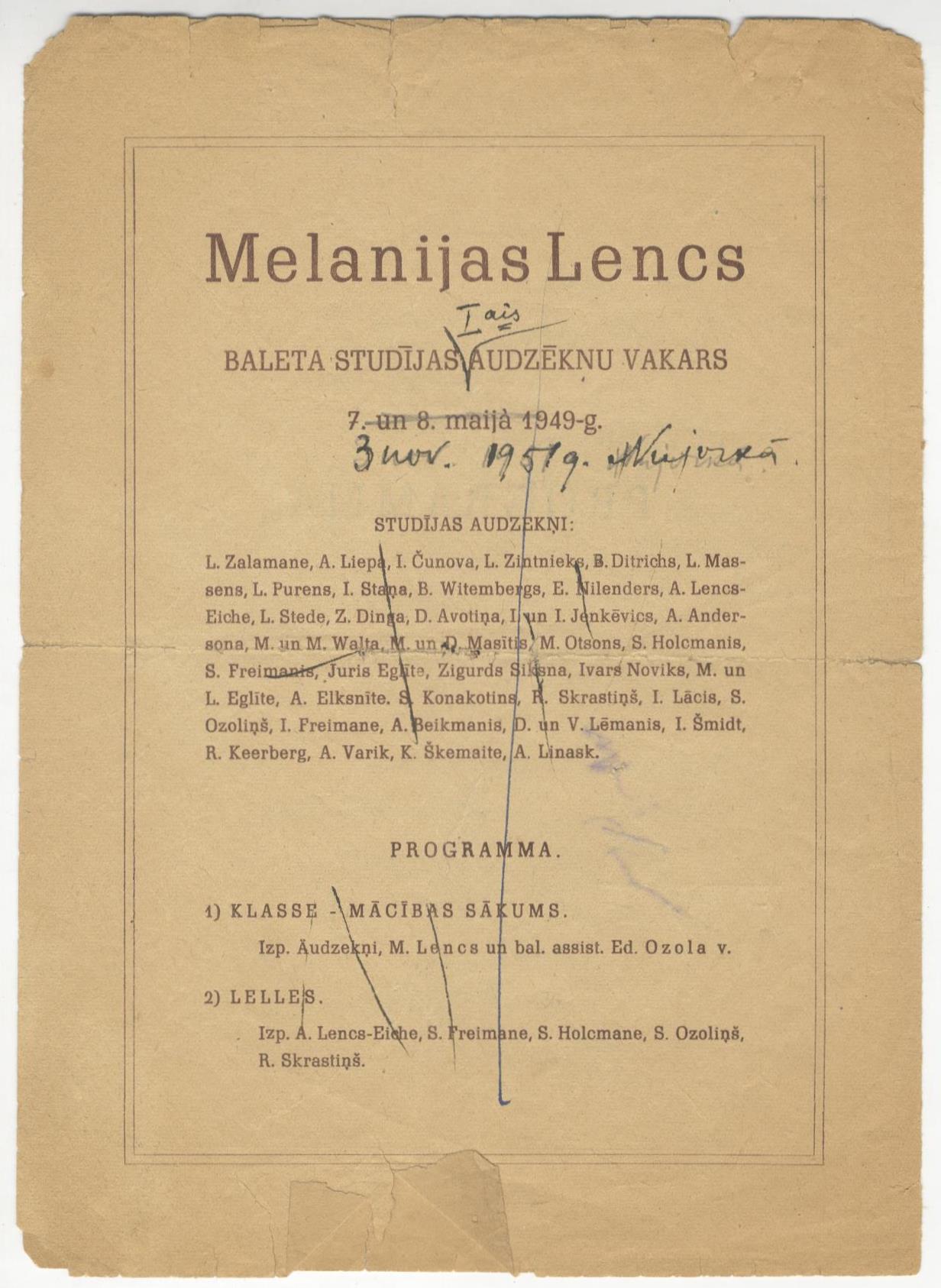 Melānijas Lences baleta studijas audzēkņu vakara programma ar labojumiem, 1949.-1951. gads. LNA_LVA, F2117_1v_3