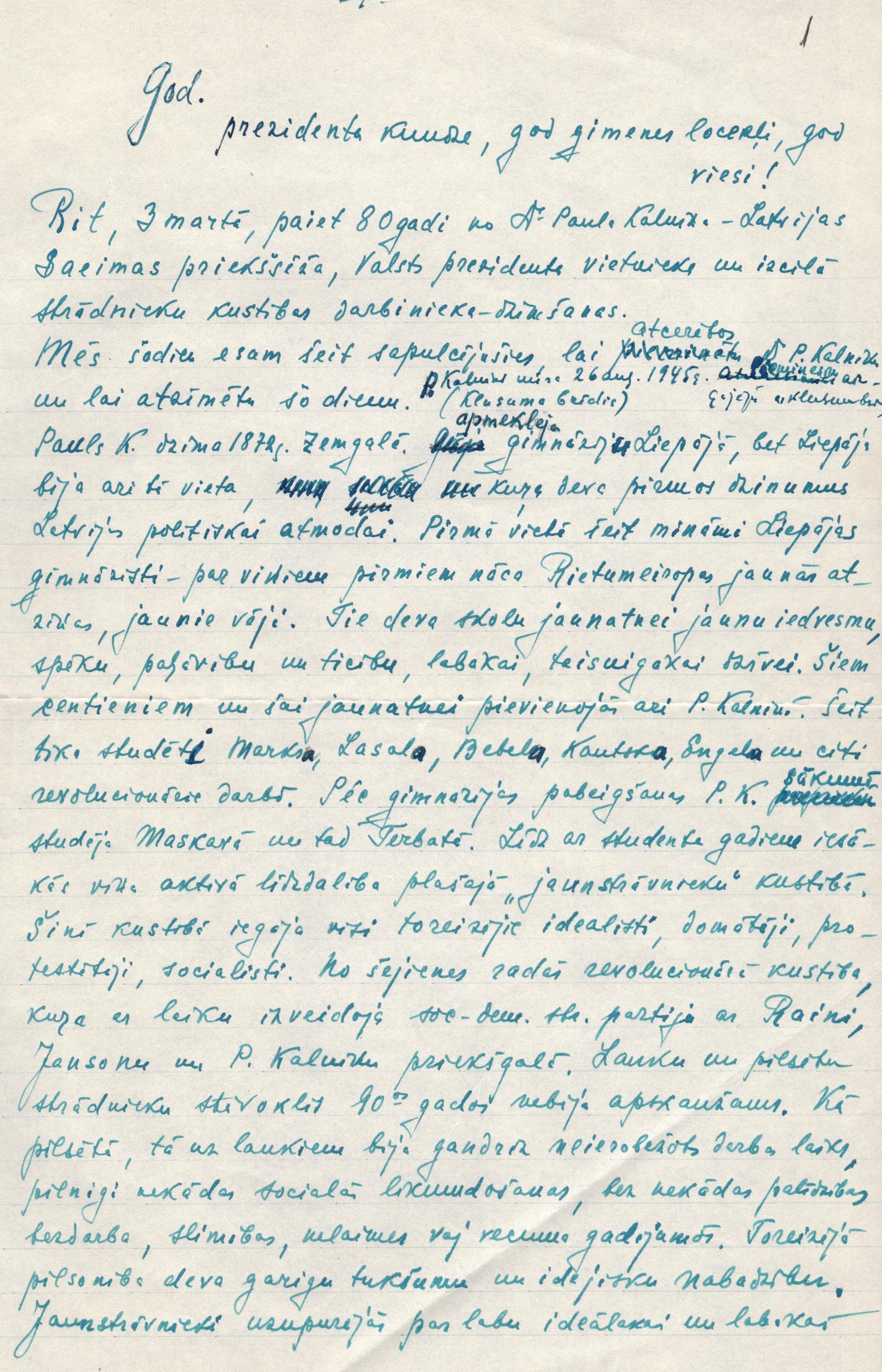 E.Ogriņa apsveikumu runas pieraksts, veltījums Paulam Kalniņam 80.gadu jubilejā, 1952.g.