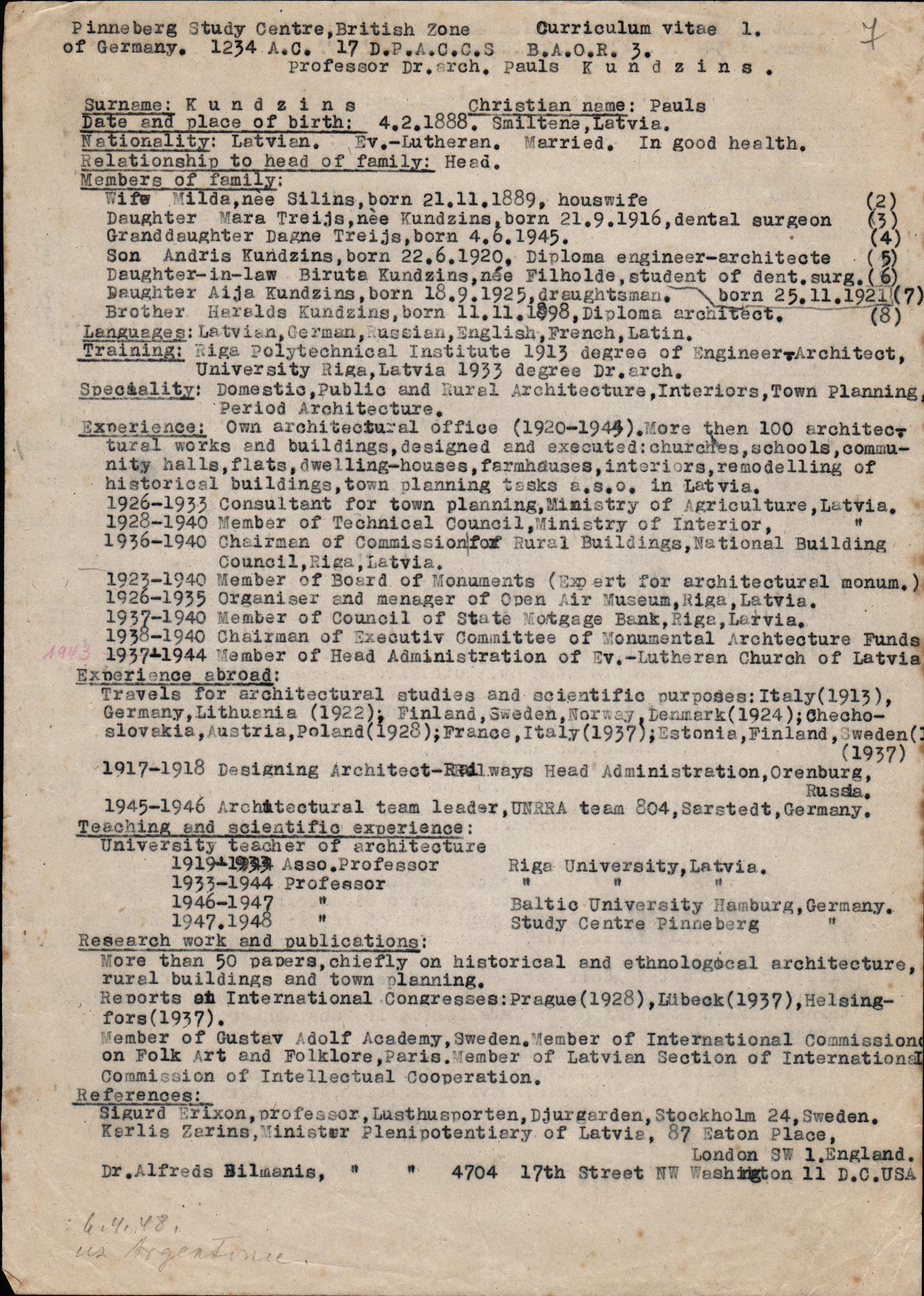P. Kundziņa dzīves gājums darbam Baltijas Universitātē, ap 1948. gadu. LNA_LVA, F2280_1-v_3, 7. lp.