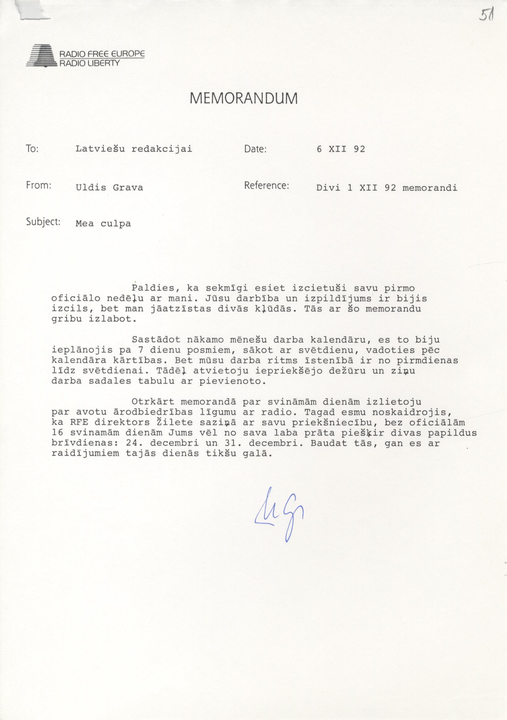Ulža Ivara Gravas vēstule radio "Brīvā Eiropa/Radio Brīvība" Latviešu redakcijas darbiniekiem, 1992. gada 6. decembris. LNA_LVA, F2928_1-v_58, 51. lp.