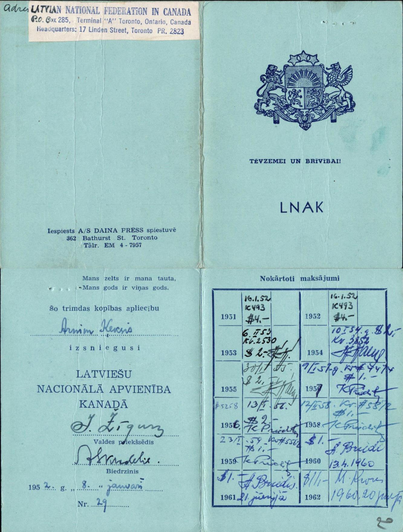 Arnim Ķeksim izsniegtā Latviešu nacionālās apvienības Kanādā biedra karte, 1952. gada 8. janvāris.