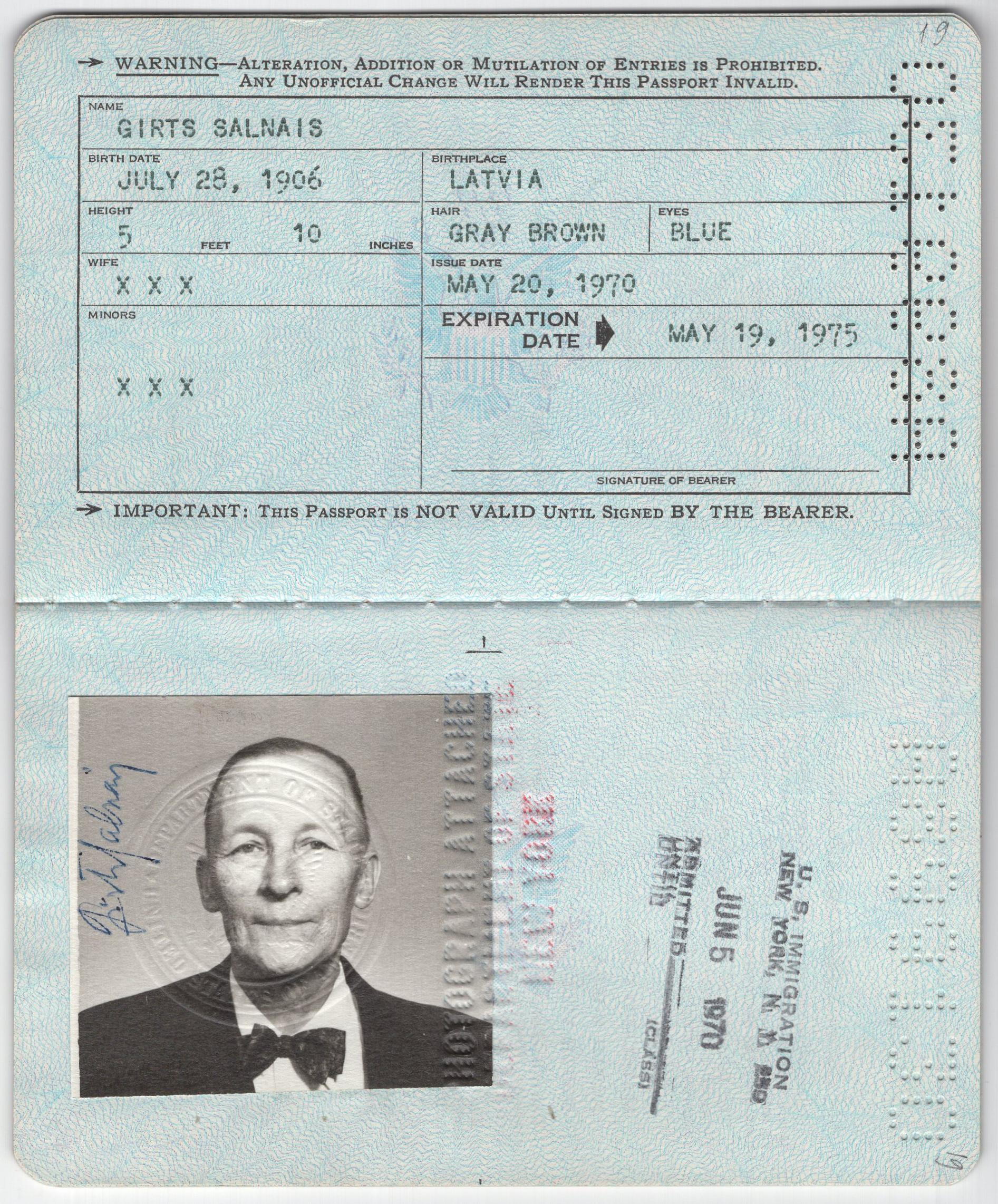 Ģirta Salnā ASV pilsoņa pase, 1970. gads.