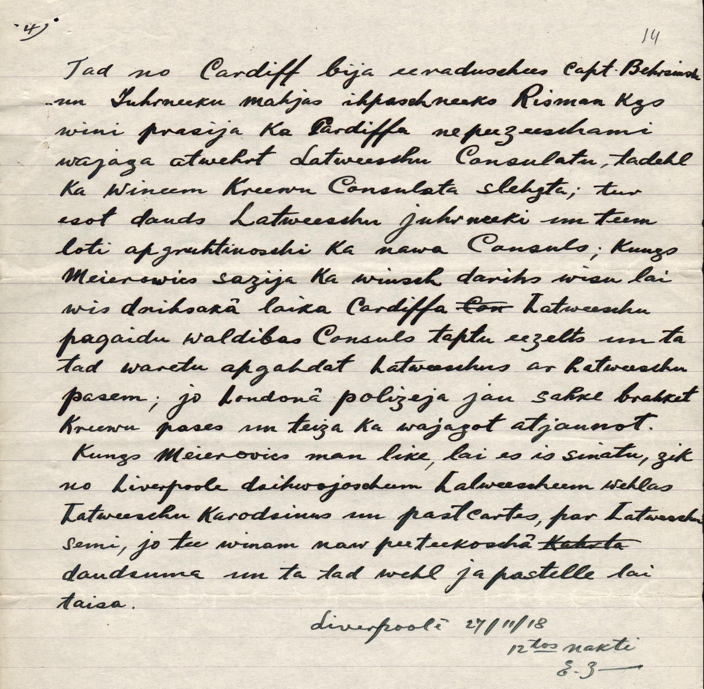 E.Celmiņa pārskats par Z.A.Meirovica ziņojumu Lielbritānijas latviešiem par situāciju Latvijā. 1918.gada 24.novembrī.