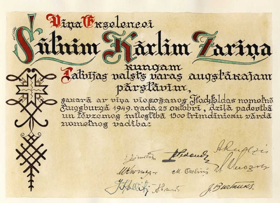 Albuma titullapa no K.Zariņam dāvinātā albuma, apmeklējot Hohfeldas latviešu bēgļu nometni 1949.gadā.