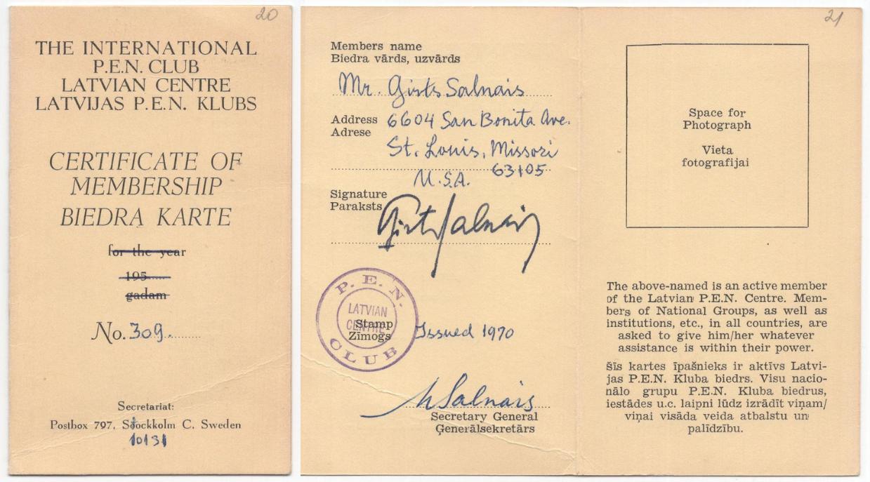 Ģirta Salnā PEN kluba biedra karte, 1970. gads.